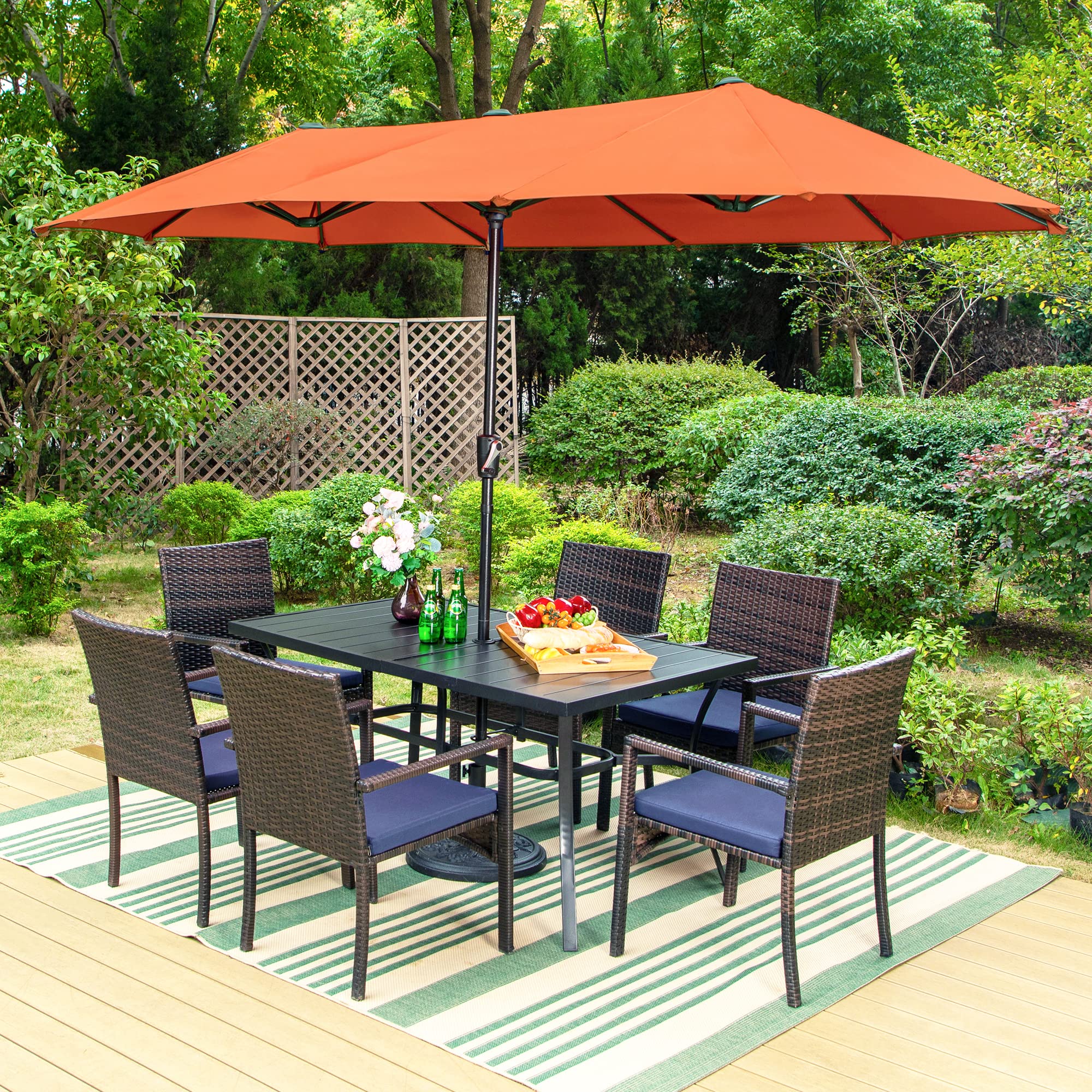 8-Piece Patio Dining Set with 13 Ft Orange Red Double-Sided Umbrella - Outdoor Rattan Chairs & Metal Table with Cushions - Perfect for Yard, Porch, Poolside & Backyard Entertaining
