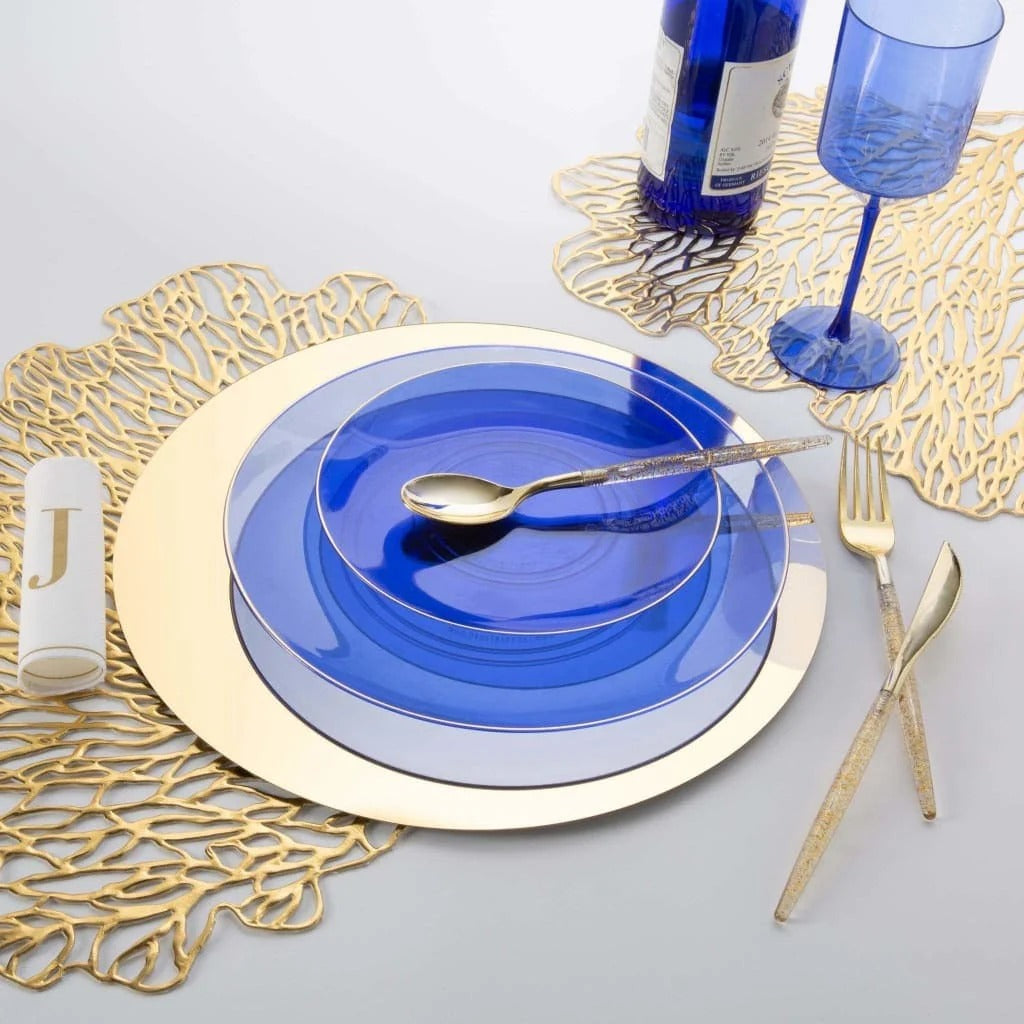 Eco-Friendly Navy Blue & Gold Rim Round Plastic Plates - 12-Pack Shatterproof Disposable Plates for Parties, Picnics, BBQs & Events