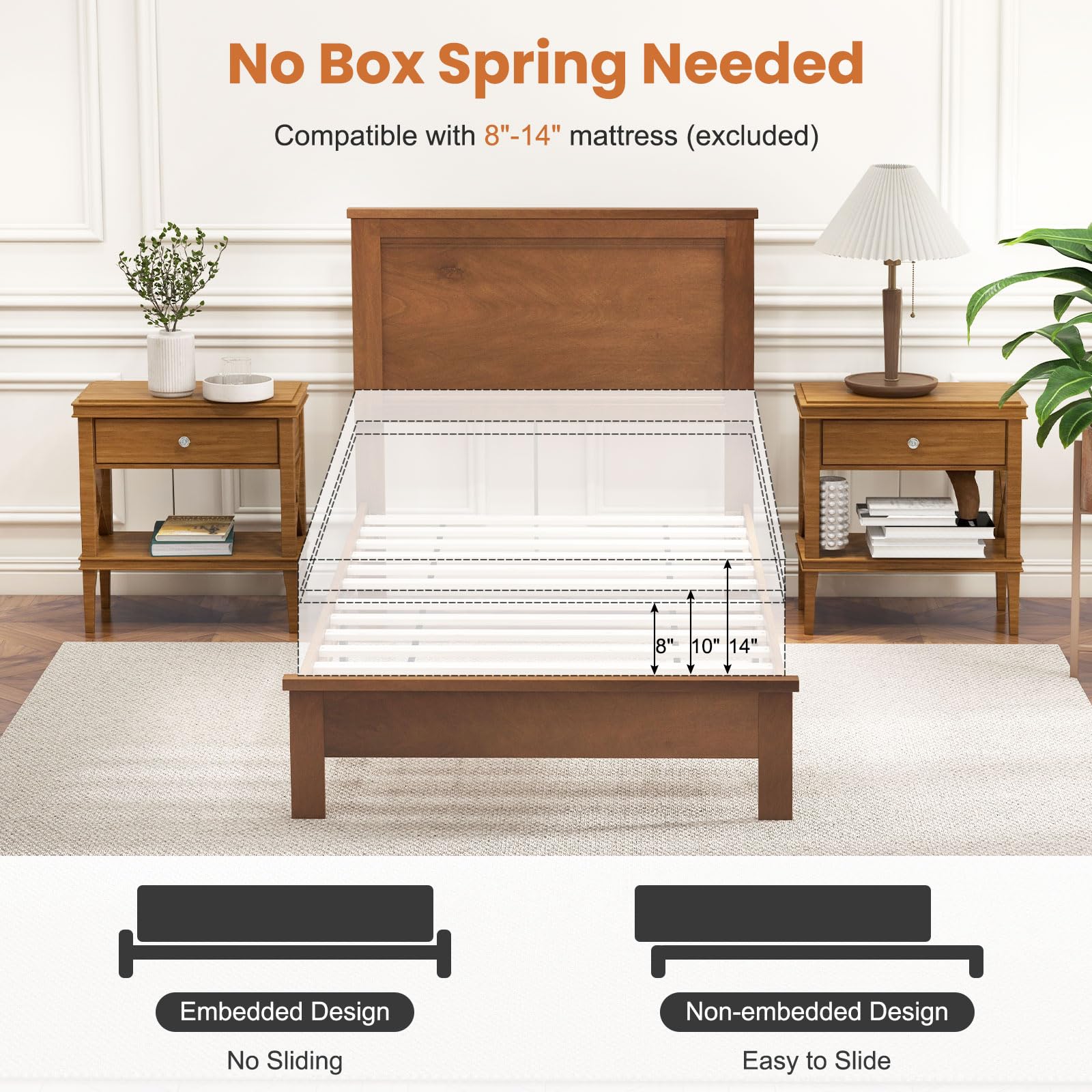 Giantex Solid Wood Twin Bed Frame with Headboard - Mid Century Modern Platform Bed with Wooden Slats & Sturdy Legs - Twin Size Bed for Kids & Adults - Walnut Finish - Perfect for Bedrooms, Guest Rooms & Dormitories