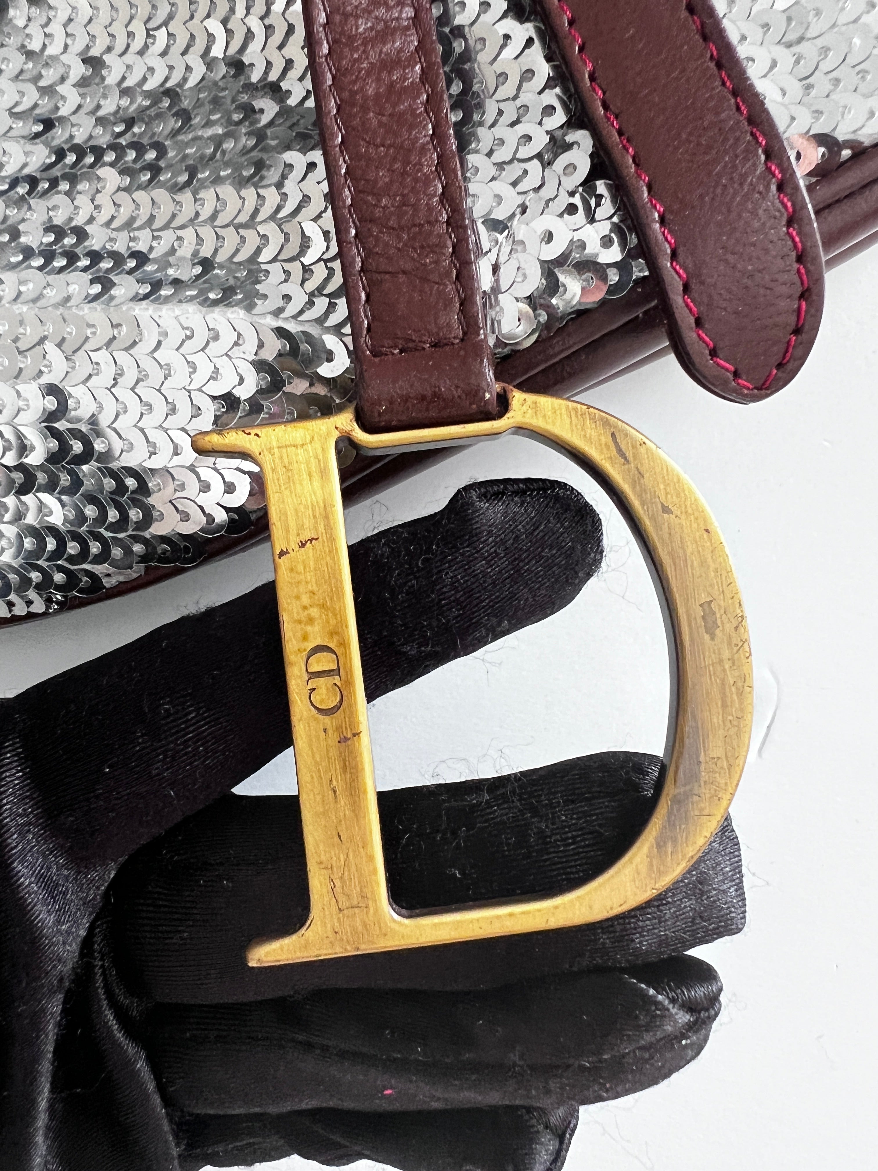 Vintage Dior Silver Sequin Leather Saddle Bag - Luxury Crossbody Purse for Women, Evening Parties & Special Occasions