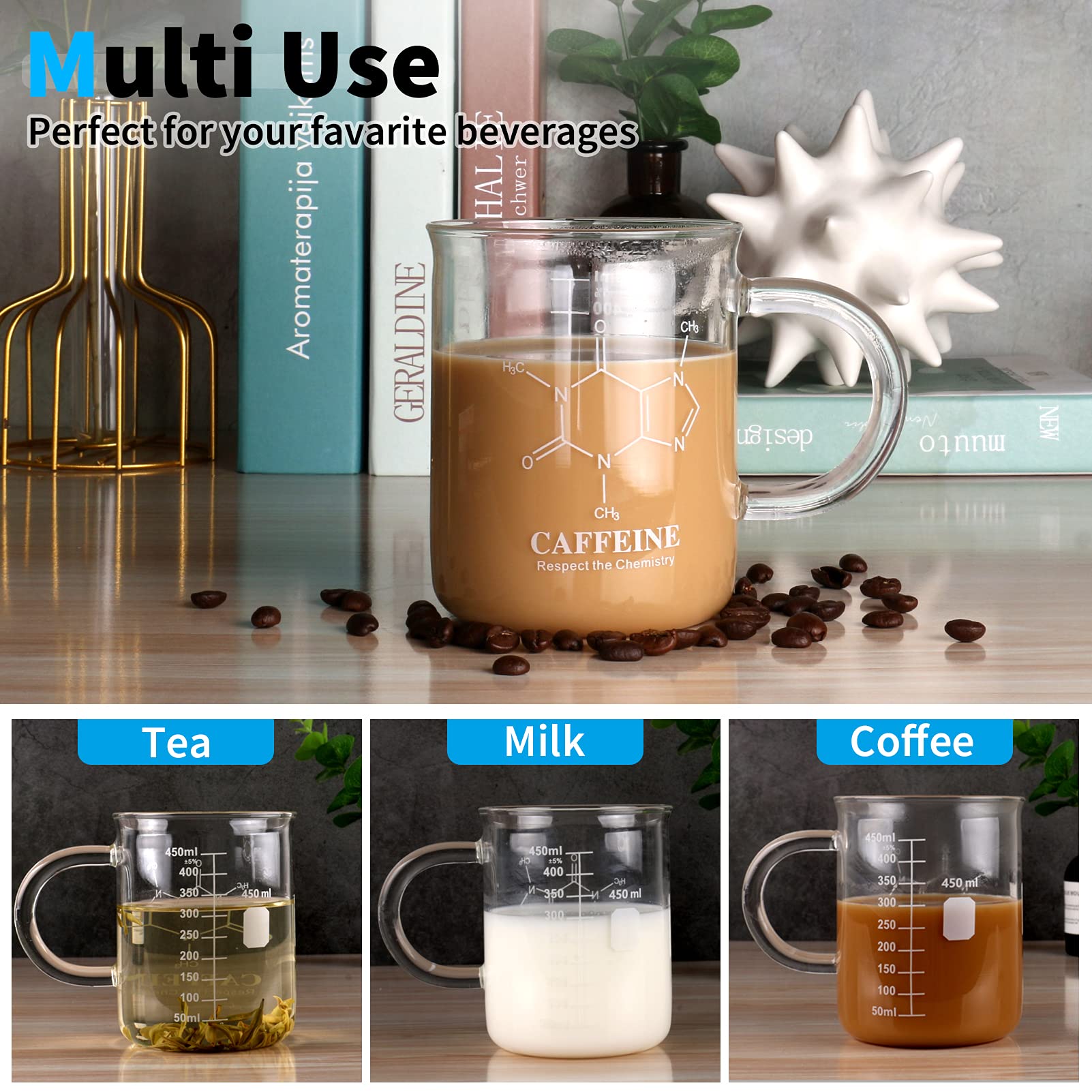 Caffeine Beaker Mug - 16oz Borosilicate Glass Coffee Cup for Lab & Home Use