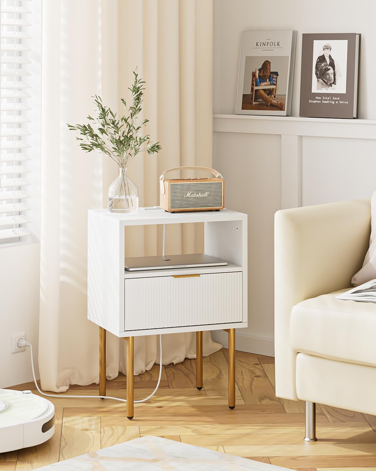 Modern White Nightstand with Charging Station & Gold Frame - Small Bedside Table with Drawer & Shelf - Elegant End Table for Bedroom & Living Room - Perfect for Phone Charging, Reading Light & Bedside Storage