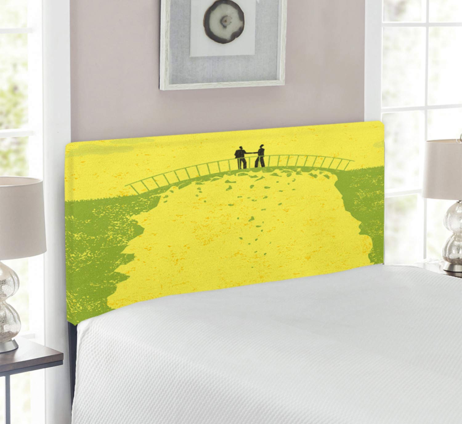 Ambesonne Grunge Upholstered Headboard - Twin Size Metal Bed Frame with Memory Foam | Unique Business Illustration of 2 Men Shaking Hands & Sharks Under Bridge | Yellow-Green Decorative Headboard for Modern Bedroom & Office Decor