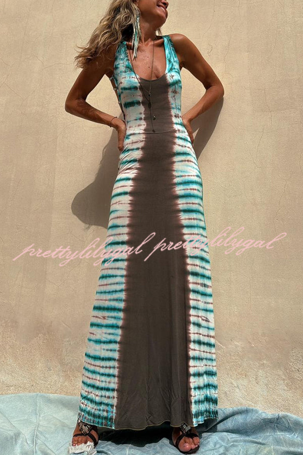Stylish NIL Tie Dye Print Back Lace-Up Stretch Maxi Dress for Women | Boho Chic Summer Beach Party & Casual Outfit