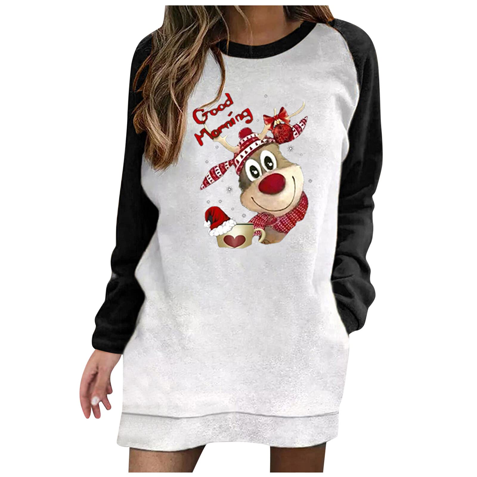 UYTOGOFE Women's Contrast Color Long Sleeve Pullover Sweatshirt Dress with Pockets - Cute Fawn Print Loose Fit Spring Casual Dress for Daily Wear, Outing & Coffee Dates
