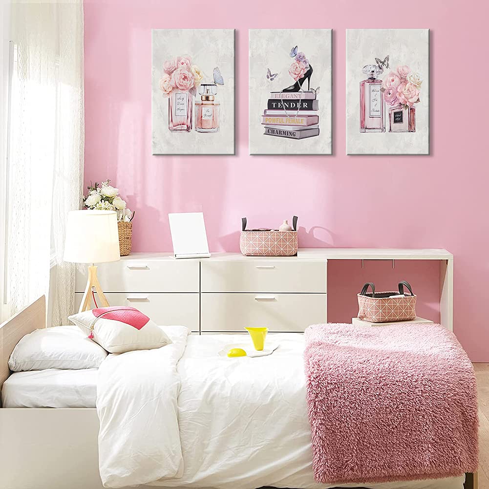WANBOYA 3-Piece Pink Flower Perfume Modern Art Canvas Prints - Fashion Women's Wall Decor with Book & High Heel Design (16