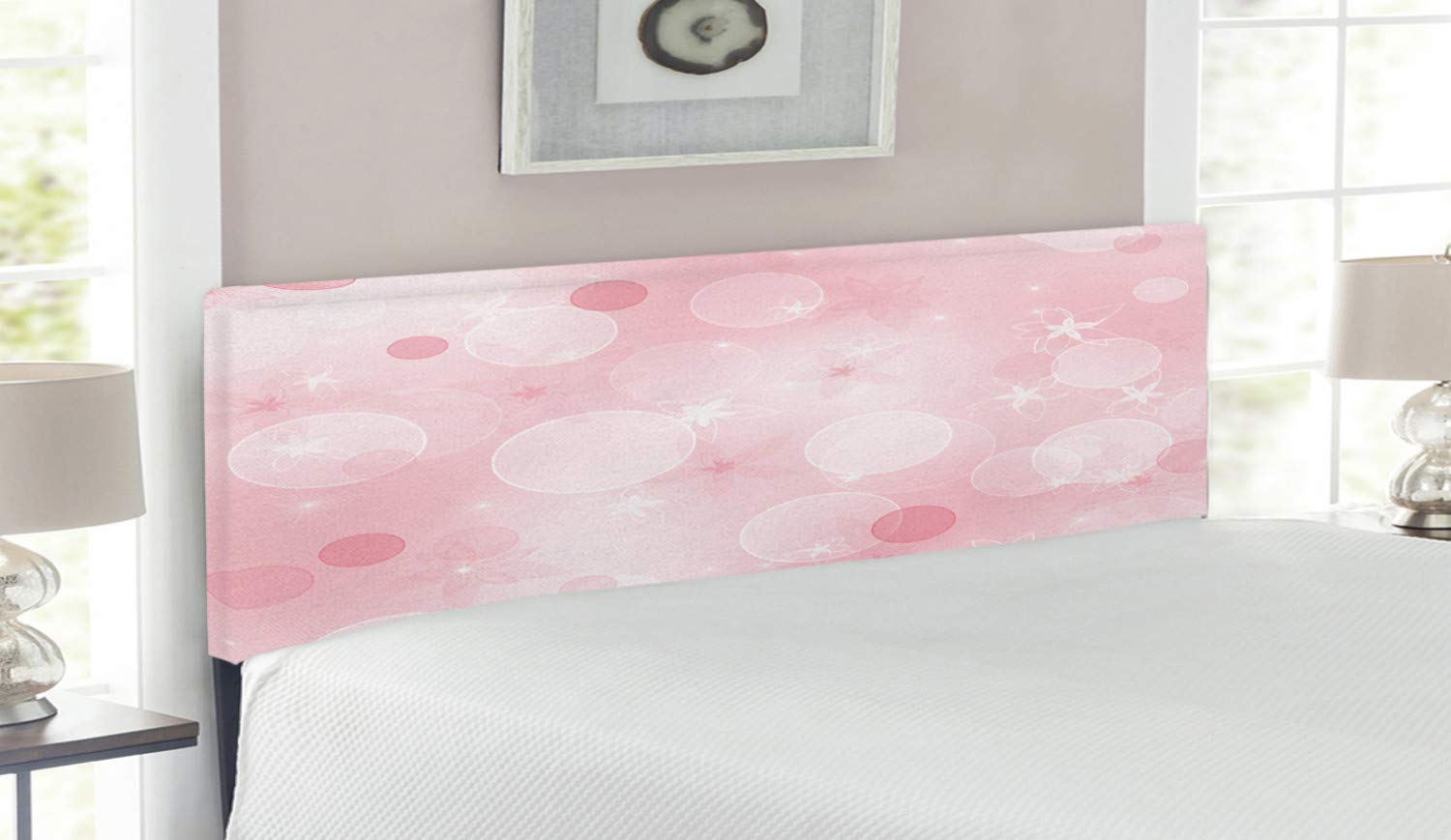 Ambesonne Queen Size Upholstered Headboard - Pale Pink Floral Bubble Design with Memory Foam Padding | Decorative Metal Bed Frame Headboard for Romantic Bedroom Decor | Perfect for Master Bedrooms, Guest Rooms & Dormitories