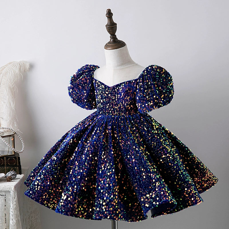 Royal Blue Princess Round Tea Length Sequined Flower Girl Dress – Perfect for Weddings, Pageants, and Special Occasions