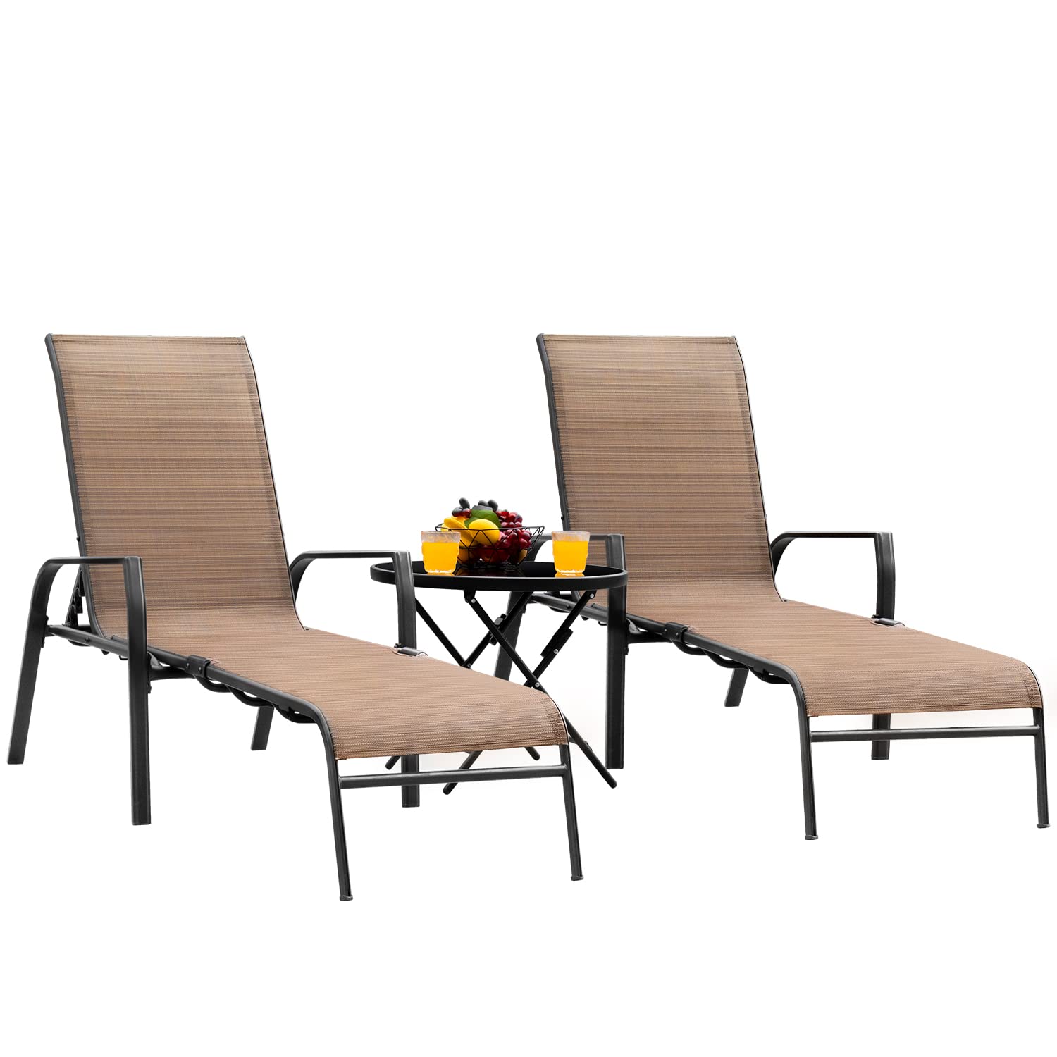 GUNJI 3-Piece Outdoor Patio Chaise Lounge Set - Adjustable Textilene Folding Pool Chairs with Tempered Glass Table (Brown) | Perfect for Backyard, Poolside, and Garden Relaxation