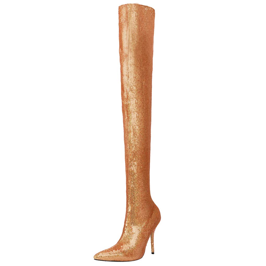 Arqa Women's Satin Over The Knee Boots - Stiletto Heel Thigh High Boots with Stretchable Fabric, Pull-On Pointed Toe Booties for Party, Night Out & Evening Wear
