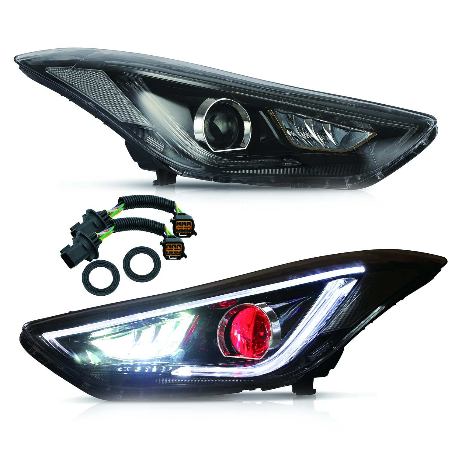 VLAND LED Headlights Assembly for Hyundai Elantra 2012-2015 & Elantra Coupe 2013-2014 - DRL, Turn Signal, Plug and Play Headlamps with Demon Eyes - Perfect for Night Driving and Car Customization