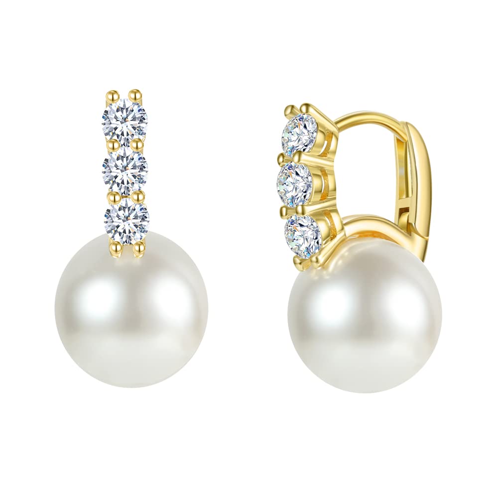 RITACH 925 Sterling Silver White Gold Pearl Drop Earrings for Women - 5A Cubic Zirconia, 12mm Large Dangle Earrings - Perfect for Weddings, Parties & Evening Events