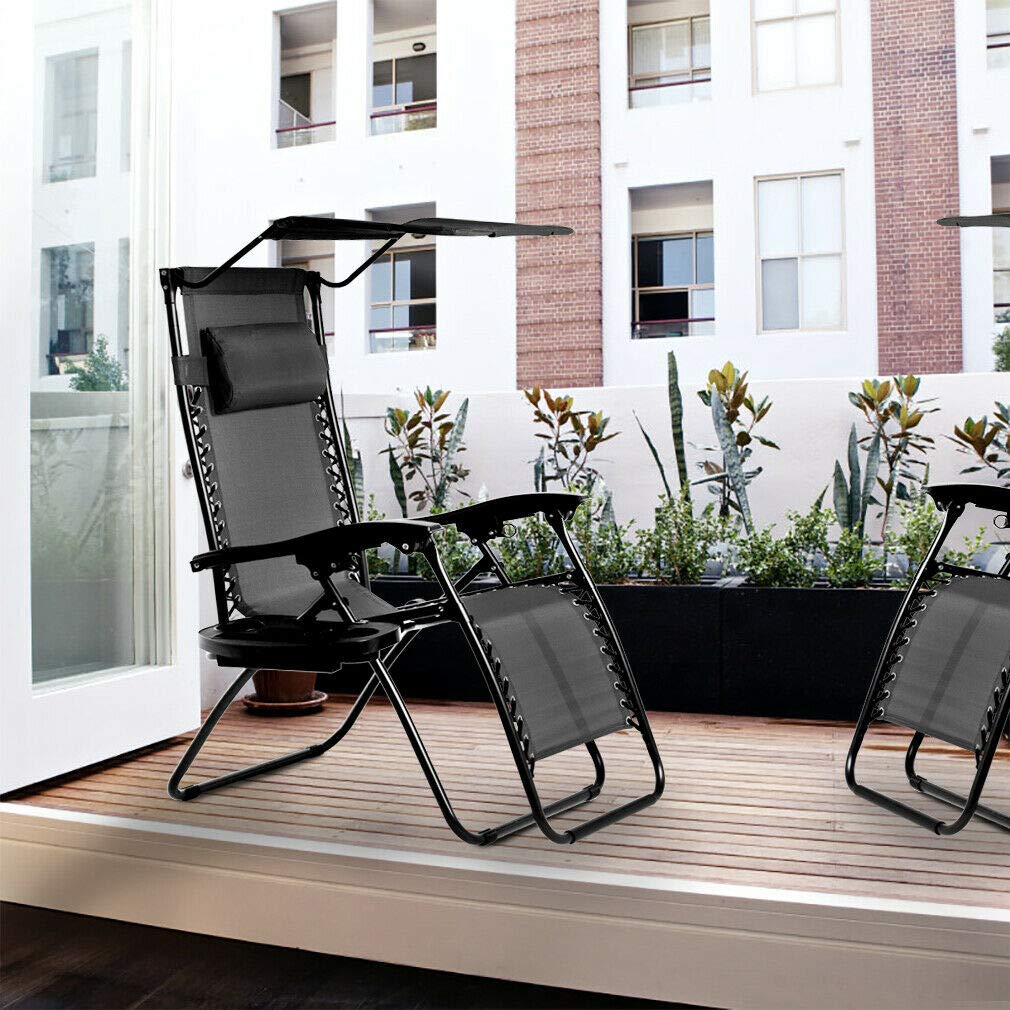 2 Pack Zero Gravity Reclining Lounge Chairs with Canopy & Cup Holder - 250LBS Capacity Outdoor Folding Chaise for Patio, Poolside, Beach, Backyard & Deck - Perfect for Sunbathing, Relaxing & Outdoor Lounging - Black