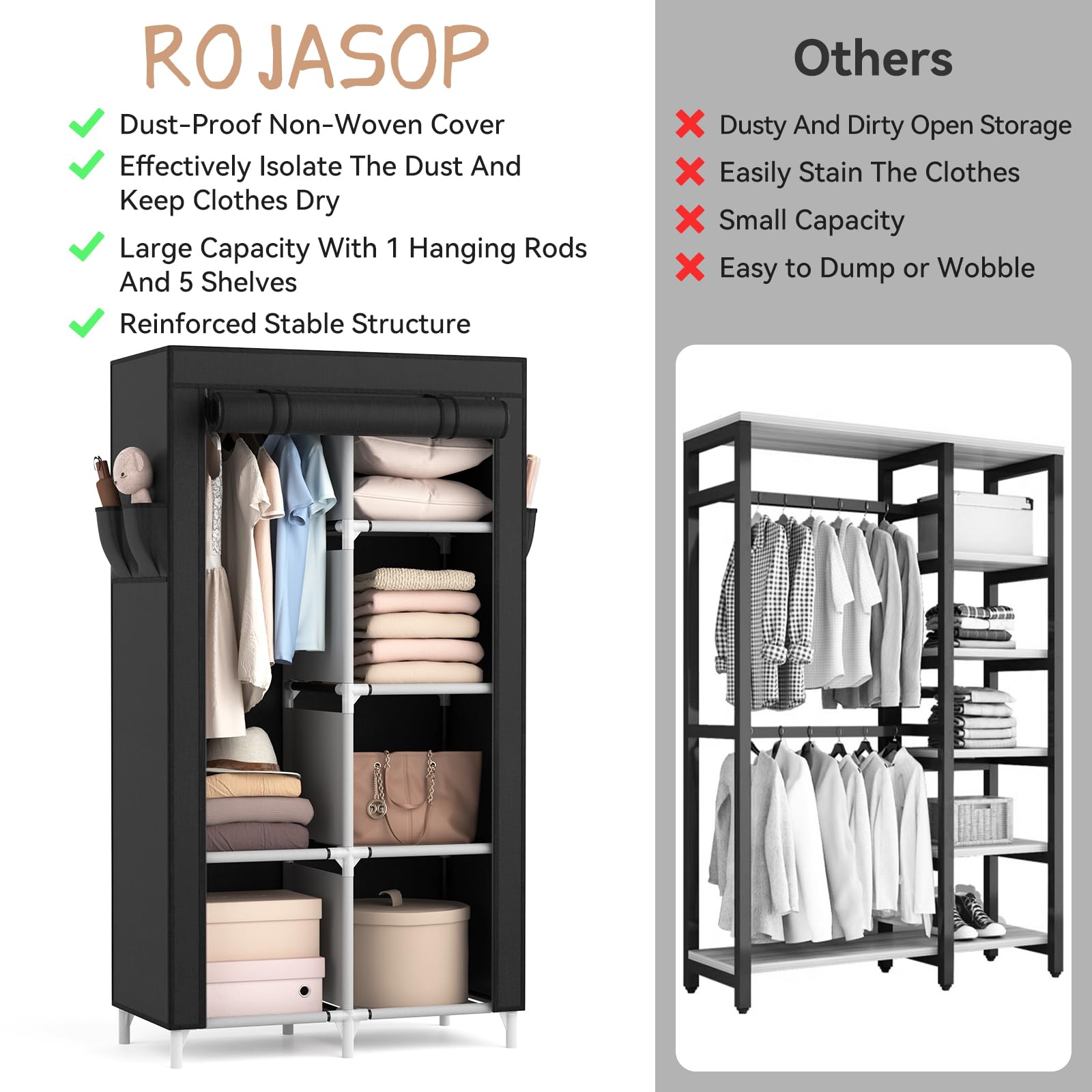 Portable Closet Wardrobe with 6 Shelves & 4 Pockets - Free Standing Clothes Organizer with Hanging Rod for Bedroom, Closet, Dorm - Easy Assembly & Sturdy Frame for Hanging Clothes Storage