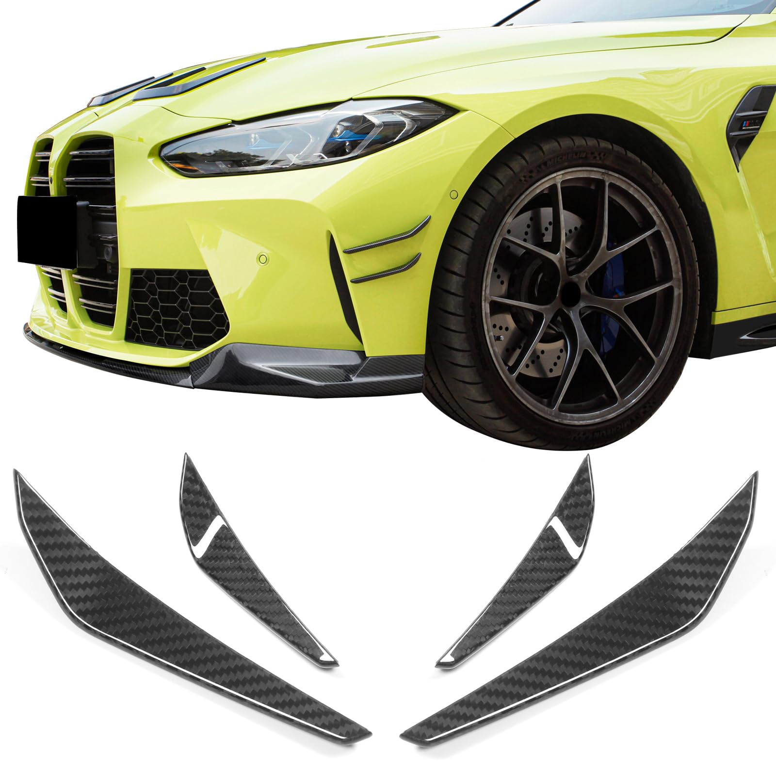 IKON MOTORSPORTS Dry Carbon Fiber Front Bumper Canards for 2021-2023 BMW G80 M3 G82 G83 M4 - 4PCS MP Style Splitter Fins Spoiler - Enhance Aerodynamics & Sporty Look for Track or Street Driving