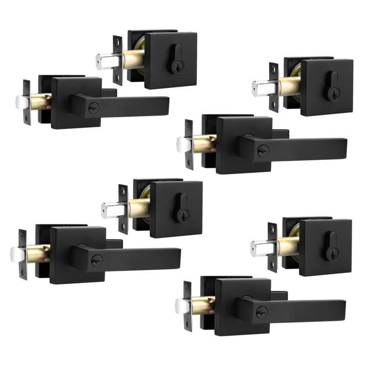 Probrico 4-Pack Flat Black Entry Door Levers & Knobs with Single Cylinder Deadbolts - Heavy Duty Square Door Locksets Keyed Alike for Office, Bedroom & Front Door Security - Durable Home & Commercial Use