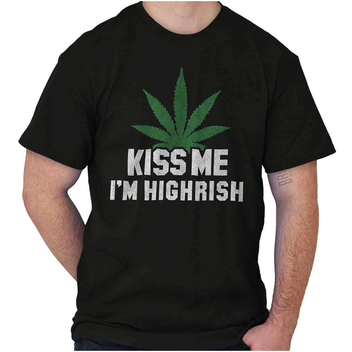Funny Cannabis Leaf 'Kiss Me I'm High' Graphic T-Shirt for Men & Women - Perfect for Stoner Gifts, 420 Parties & Casual Wear
