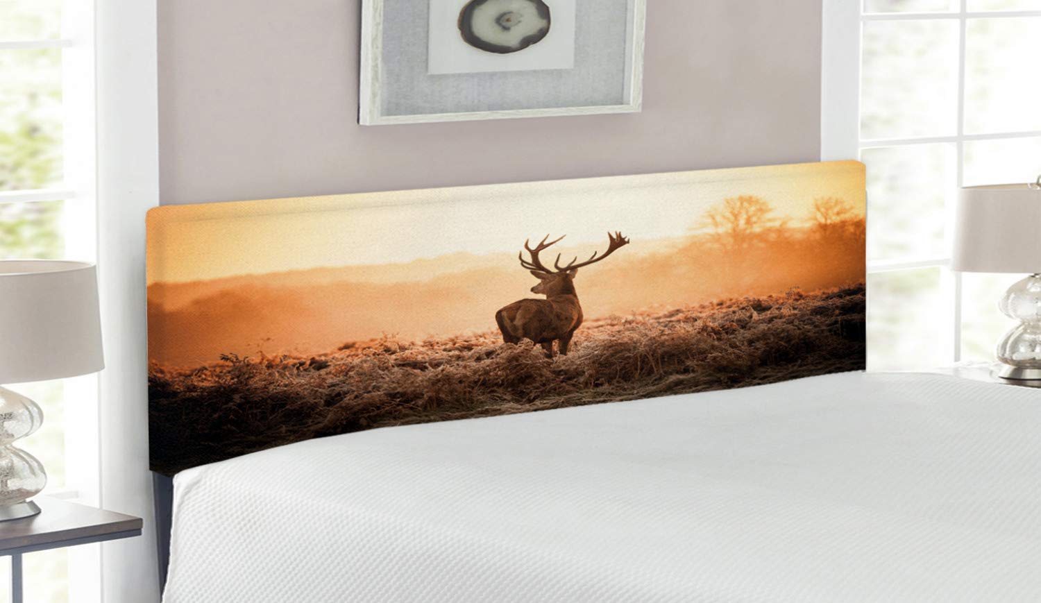 Ambesonne Hunting Headboard - Red Deer in Morning Sun Wilderness Nature Scenery, Upholstered Metal Bed Headboard with Memory Foam, Queen Size, Brown Orange - Perfect for Cabin, Lodge & Rustic Bedroom Decor
