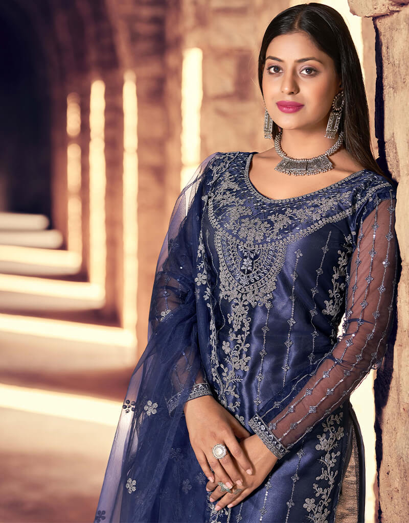 Blue Heavy Net Pant Salwar Suit for Women - Elegant Indian Ethnic Wear for Weddings & Festivals