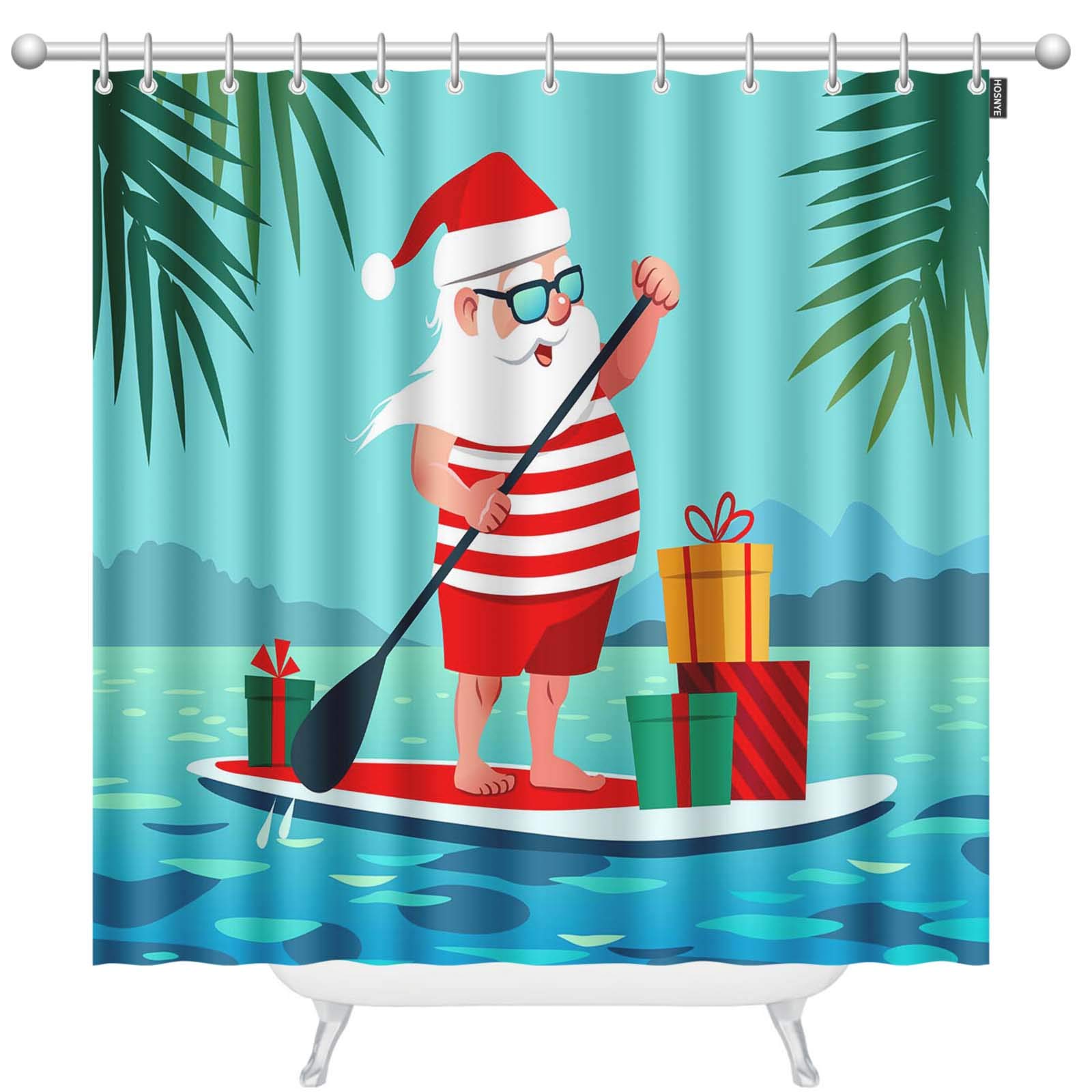 Santa Claus Shower Curtain Set with 12 Hooks - 72x78 Inch Waterproof Bathroom Decor with Tropical Ocean Cartoon Design - Perfect for Christmas, Beach Theme Bathrooms & Holiday Home Decor