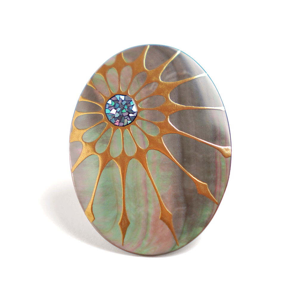 Exquisite Japanese Maki-e Urushi Lacquer Brooch with Black Lip Oyster Pearl Shell - Sunshine Design | Traditional Handcrafted Jewelry for Women | Perfect for Weddings, Parties & Special Occasions