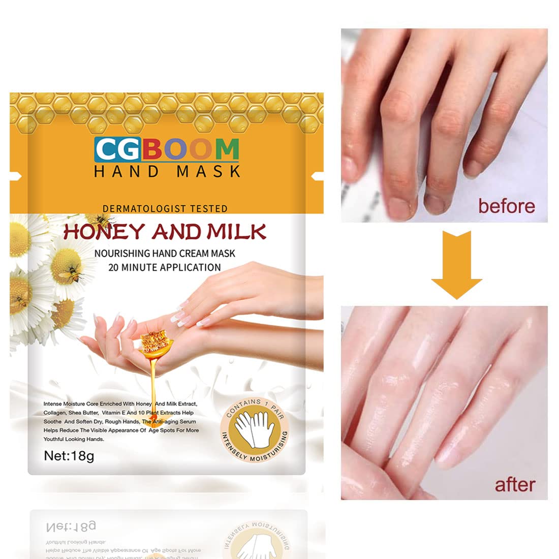 CGBOOM 5 Pairs Moisturizing Hand Masks with Collagen, Vitamins & Natural Extracts - Honey Milk Formula for Dry, Cracked & Aging Hands - Perfect for Overnight Treatment, Spa Day & Winter Hand Care