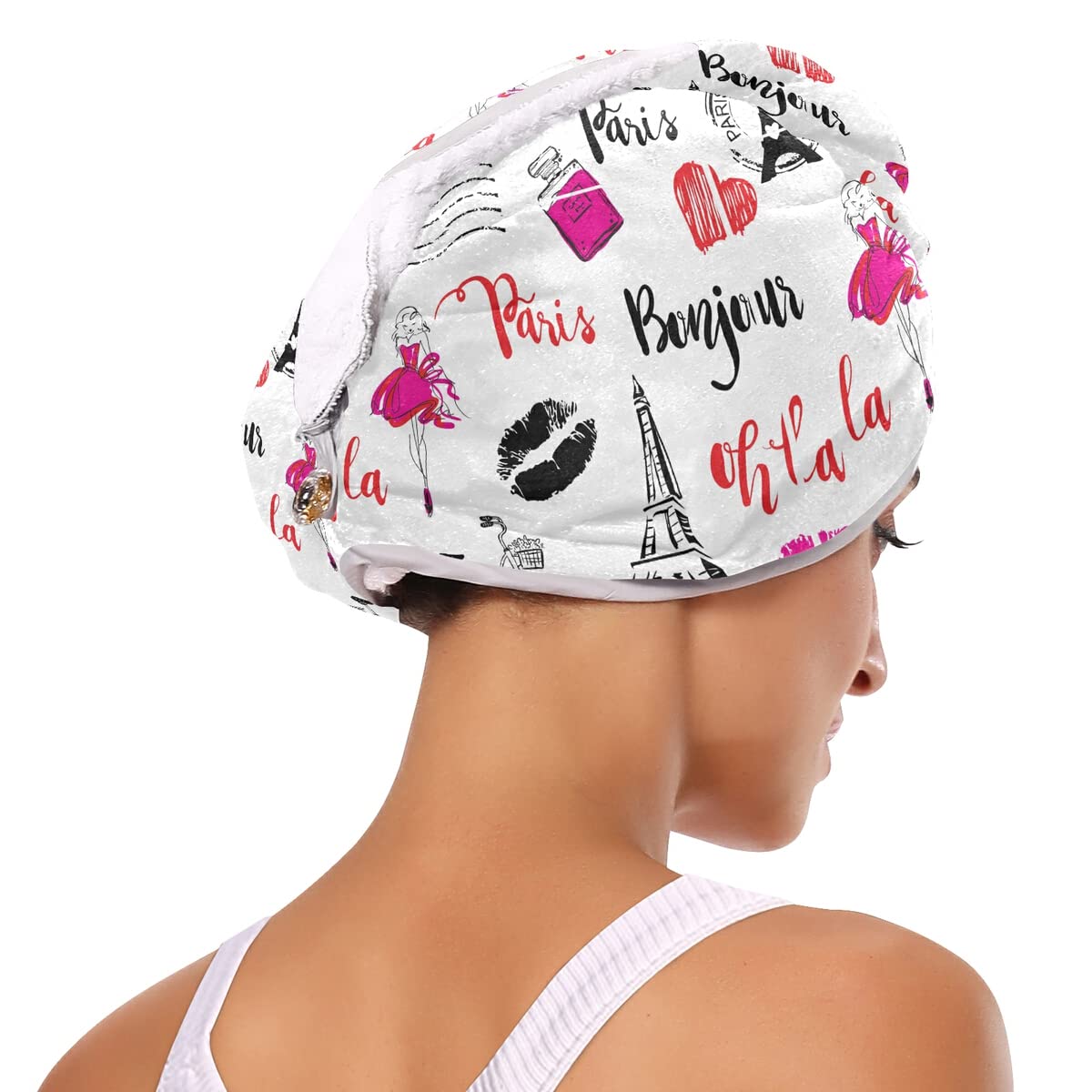 DOMIKING Bonjour Paris Eiffel Tower Hair Towel Wrap - 2 Pack Microfiber Hair Turban for Women, Quick Dry Anti-Frizz Hair Towel for Curly Hair - Perfect for Shower, Salon, Travel & Home Hair Care
