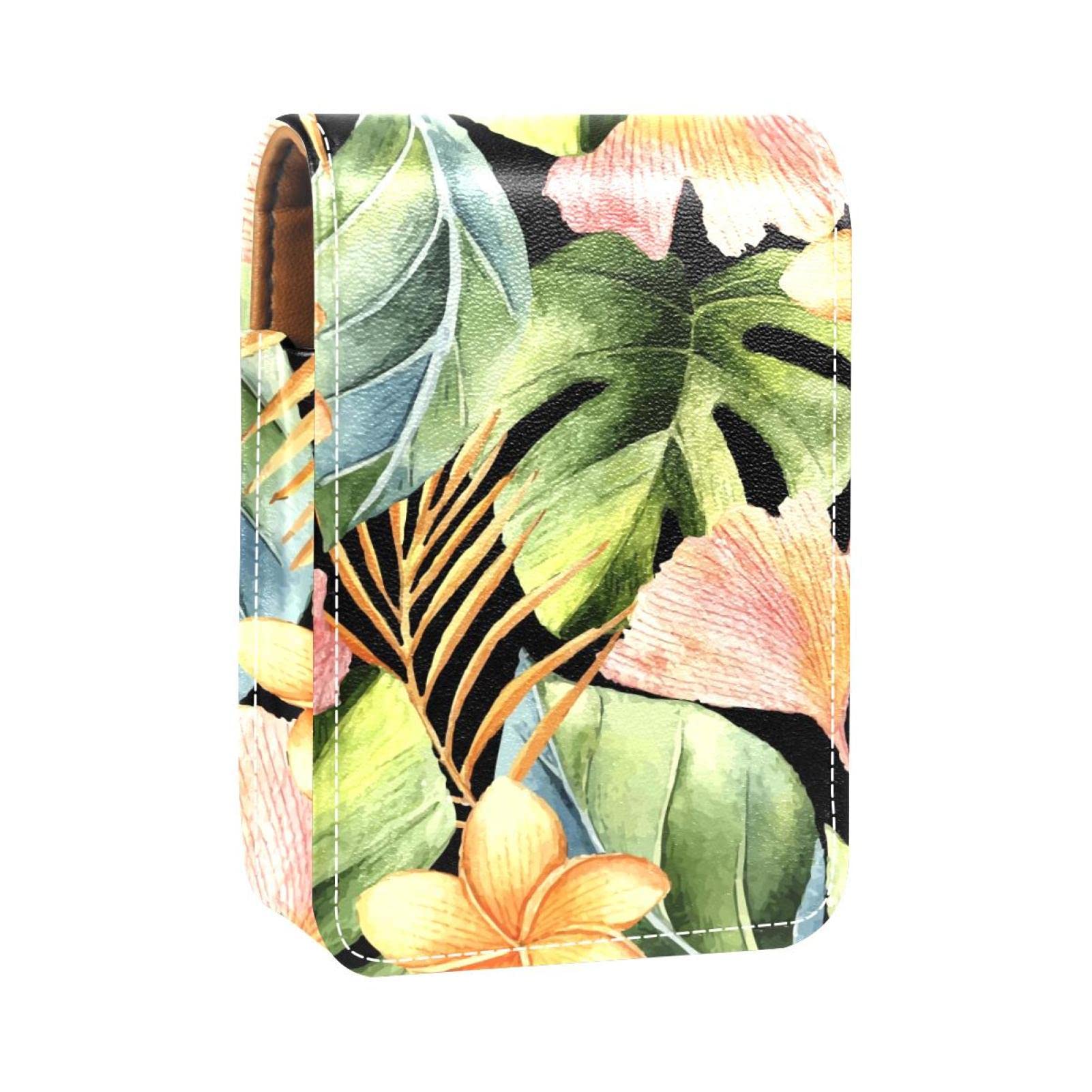 Personalized Lipstick Case - Portable Makeup Bag & Cosmetic Pouch Organizer with Tropical Green Floral Leaf Design | Perfect for Travel, Daily Use & Gift Giving