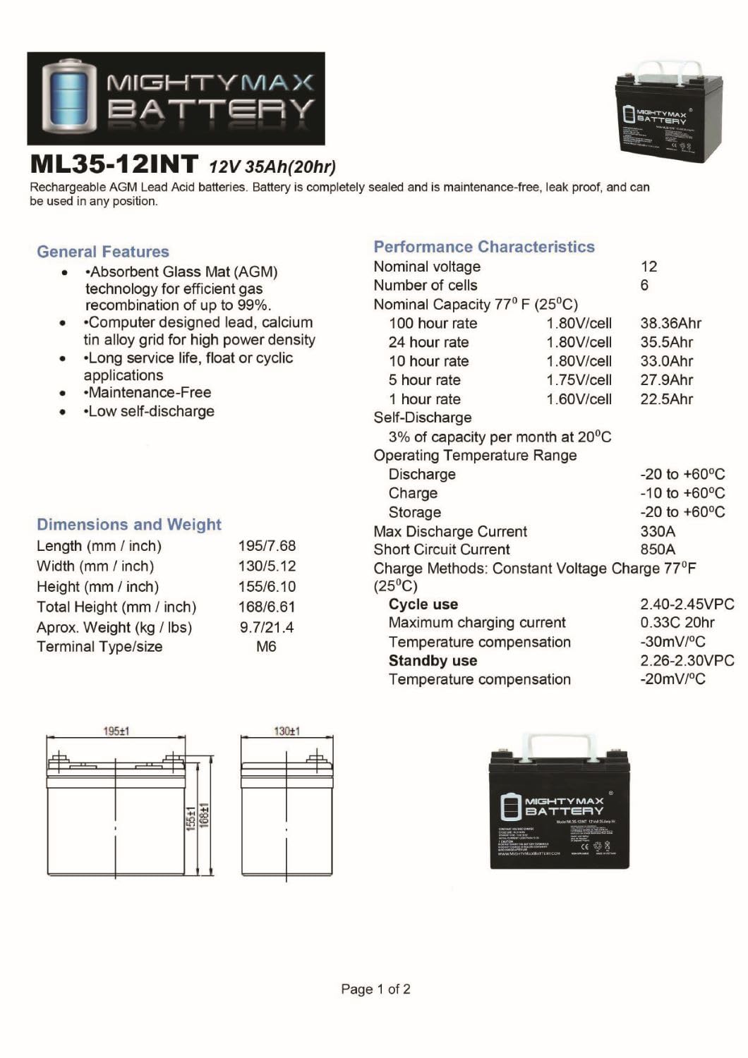 Mighty Max 12V 35AH Replacement Battery for Amigo RD Series - 4 Pack - Durable & Long-Lasting Power Solution for Mobility Scooters, Wheelchairs & Medical Equipment