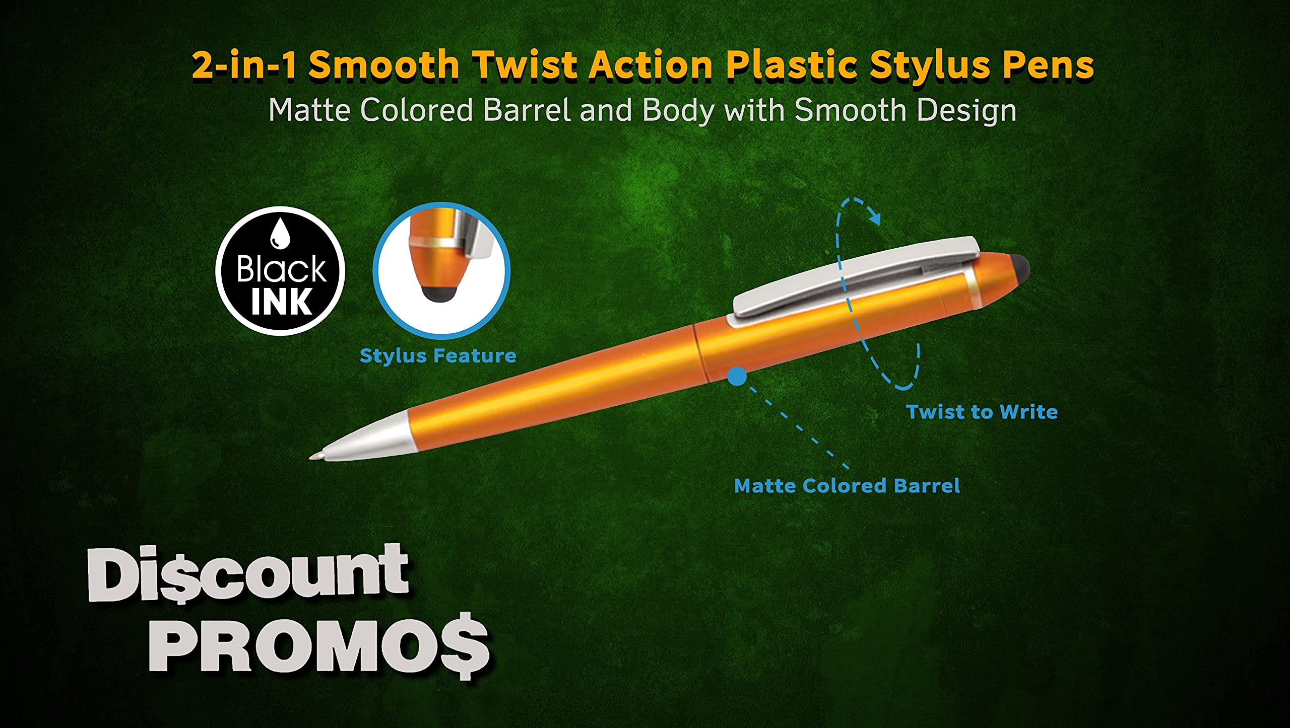 10-Pack Gillette Twist Action Plastic Stylus Pens - Black Ink, Orange Barrel, Smooth Writing for Office, School & Note-Taking (Plastic, Twist Mechanism)
