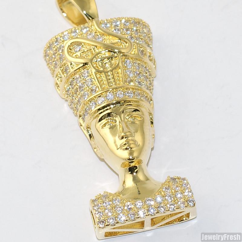 14K Gold Iced Out Mini Queen Nefertiti Pendant Necklace - Egyptian Jewelry for Women, Hip Hop Bling, Gift for Her - Perfect for Parties, Date Nights & Special Occasions