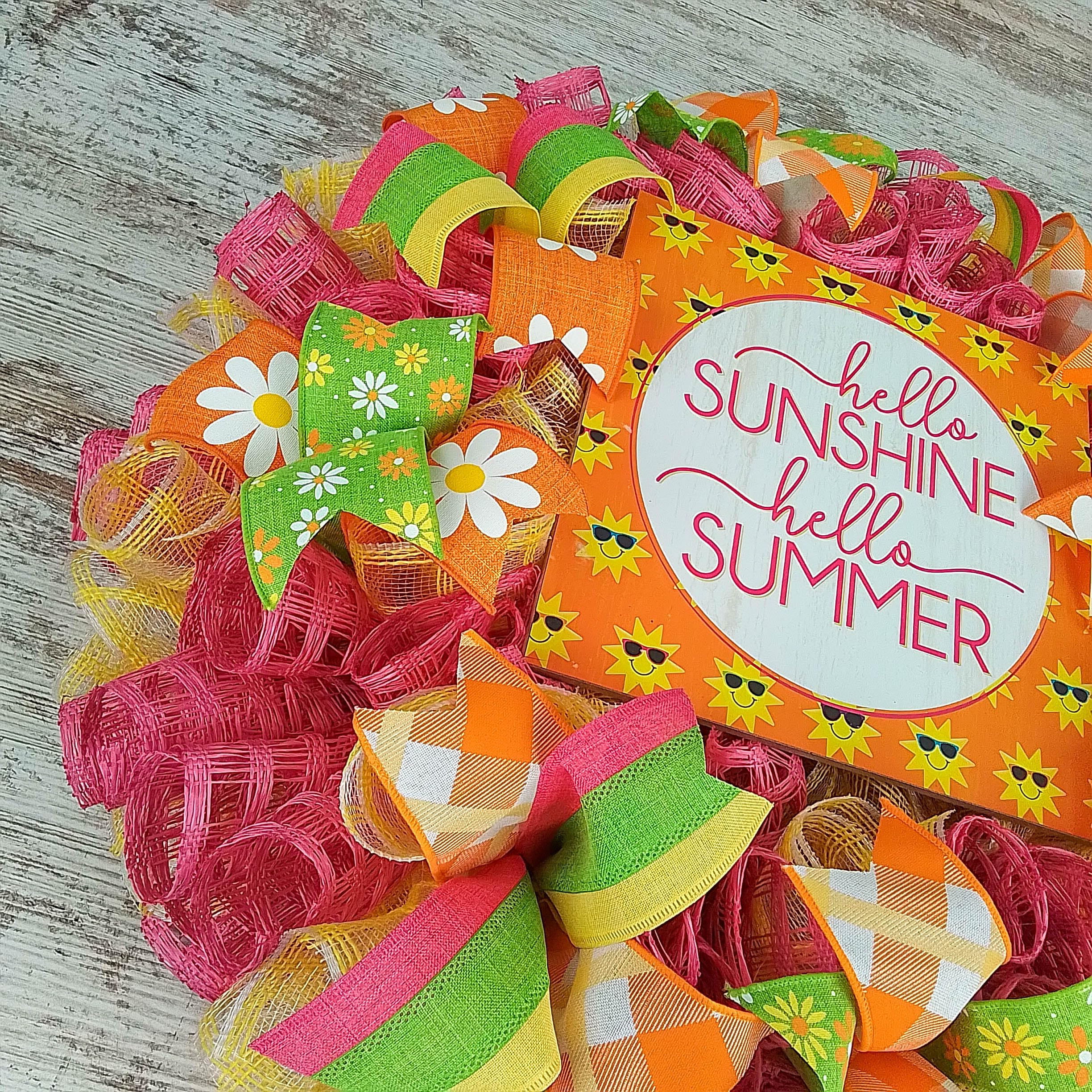 Hello Sunshine Summer Wreath - Vibrant Yellow Pink Green Orange Beach Mesh Door Decoration for Front Porch, Patio & Summer Home Decor