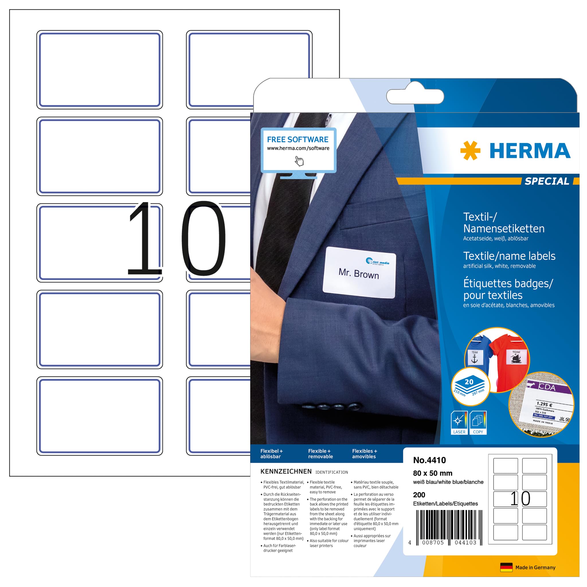 HERMA 4410 Self Adhesive Clothing Labels - 200 Blank Removable Name Stickers (80x50mm, 10 per A4 Sheet, 20 Sheets) for Laser & Inkjet Printers - Perfect for Kids Clothes, School Uniforms & Laundry Organization