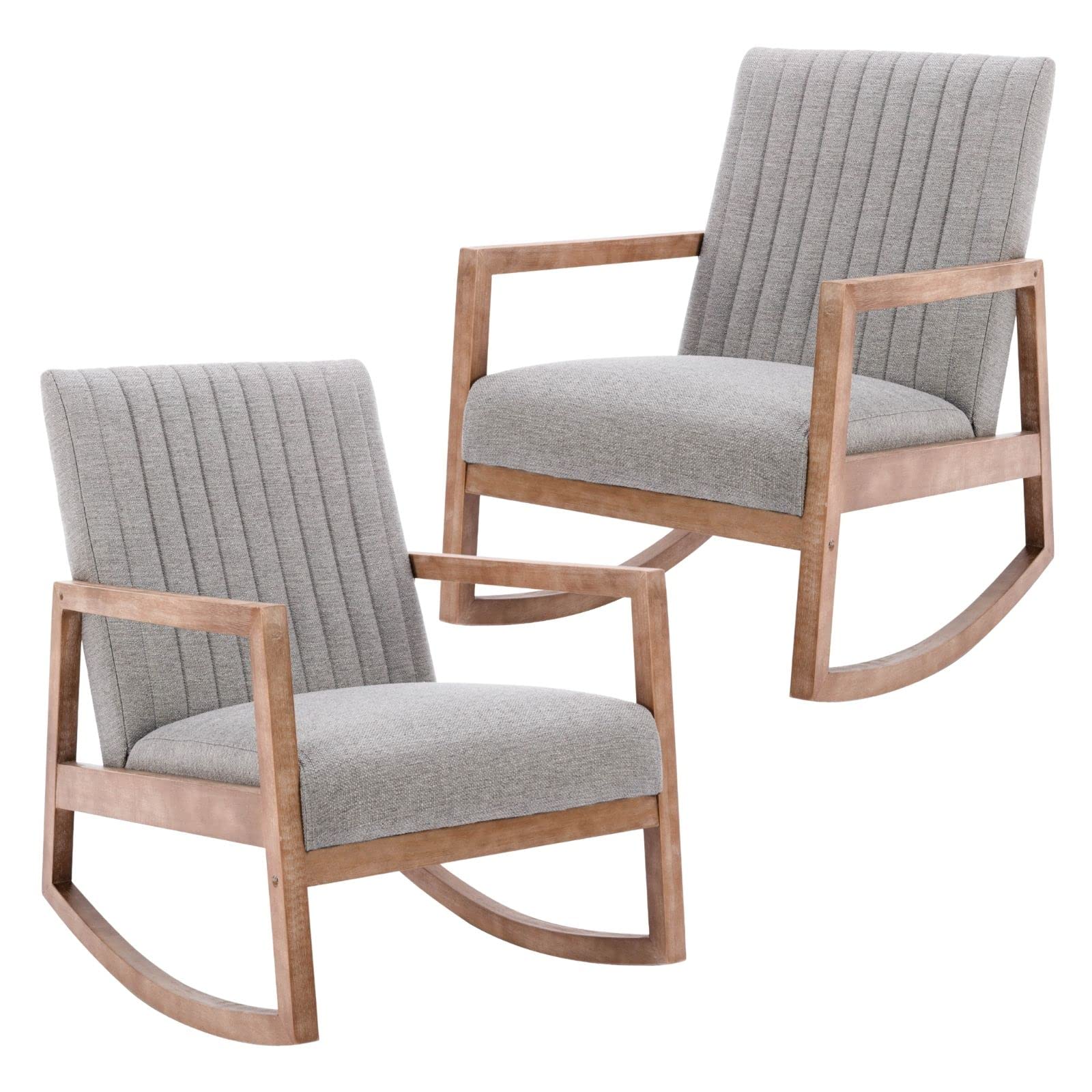Mid Century Rocking Nursery Chair Set of 2 - Wood Frame & Linen Upholstered Farmhouse Armchair for Living Room, Bedroom, Nursery - Grey - Perfect for Relaxing, Nursing & Cozy Home Decor