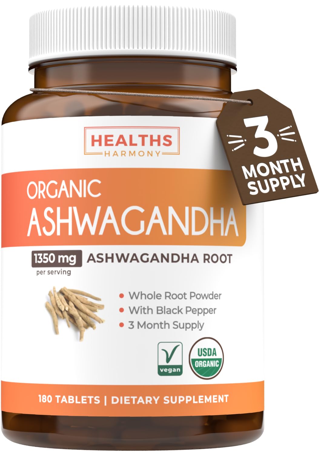 USDA Organic Ashwagandha Root Powder Supplement - 180 Vegetarian Tablets, 1350mg per Serving with Black Pepper for Better Absorption | Natural Adrenal, Cortisol & Thyroid Support | Immune System Booster | Stress Relief & Energy Support for Daily Wellness