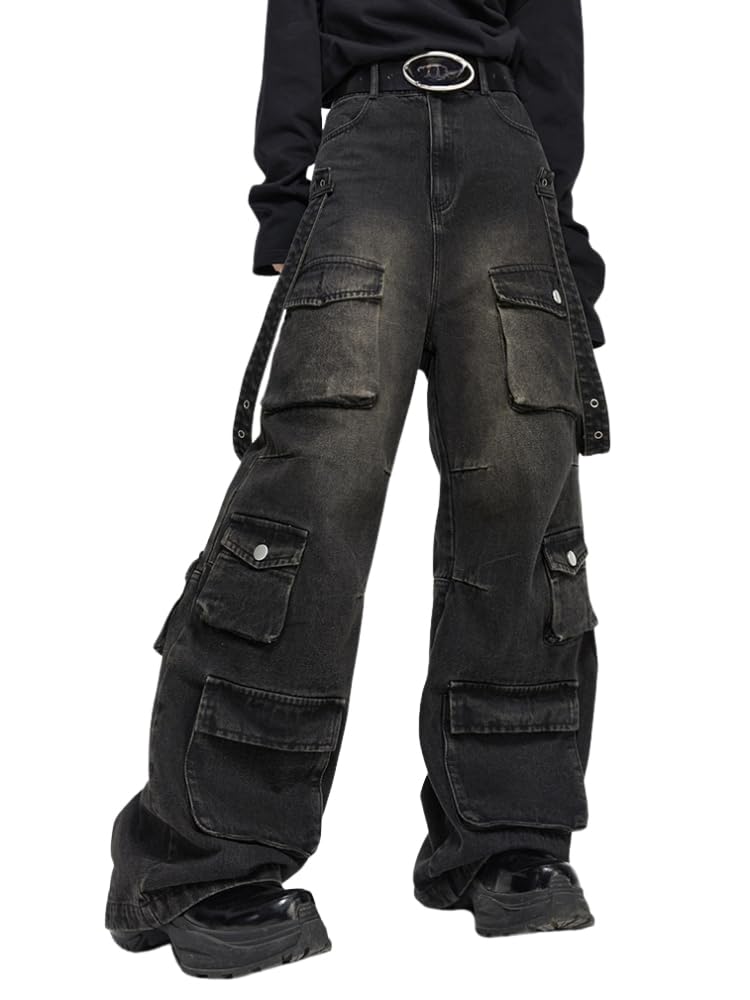 Trendy Baggy Cargo Pants for Men & Women - Y2K Wide Leg Hip Hop Jeans | High Waisted Grunge Streetwear Pants for Casual Wear, Rave Outfits & Urban Fashion