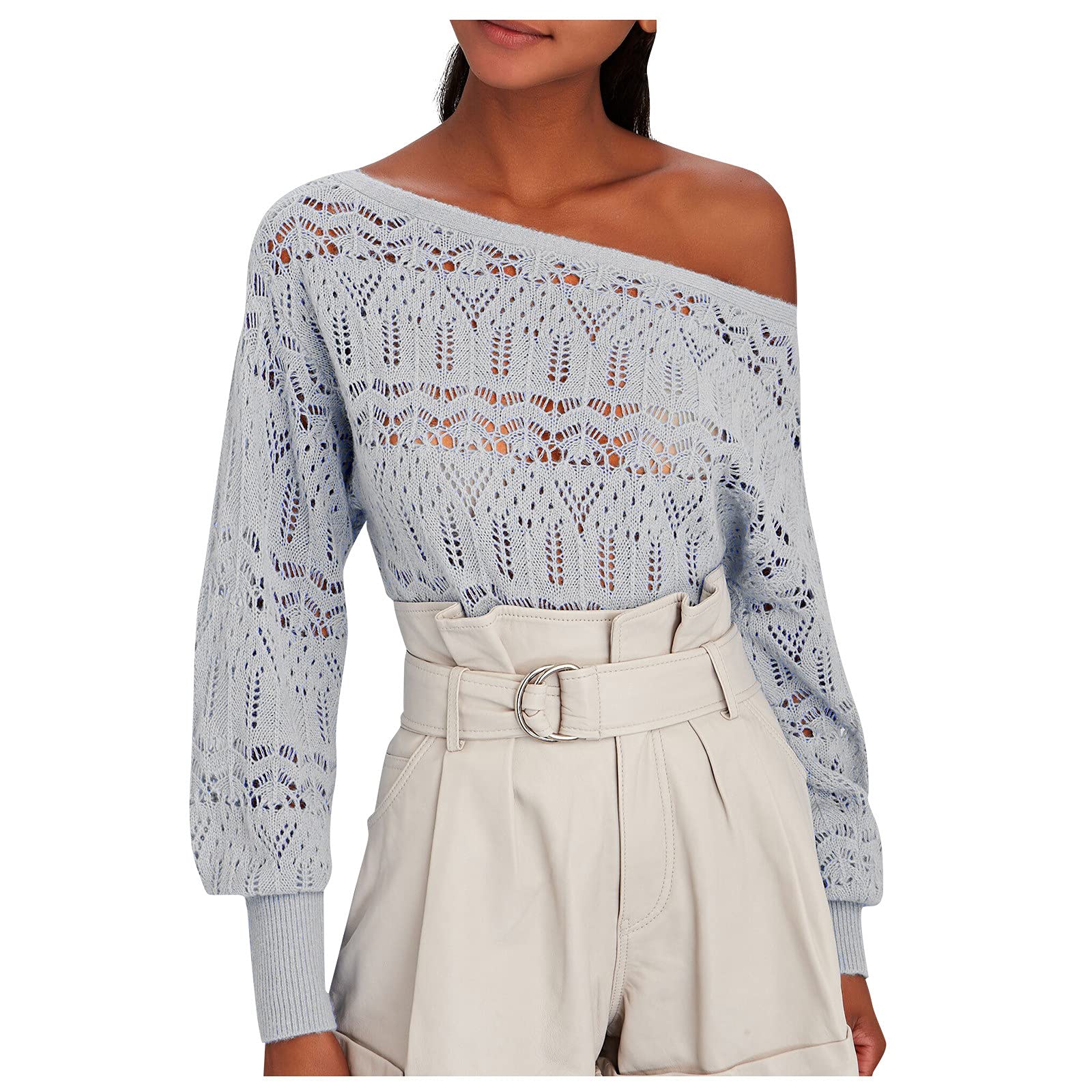Women's Fashion Off Shoulder Blouse - Long Sleeve Knit Pullover Top with Hollow Design | Perfect for Casual Outings, Date Nights & Office Wear