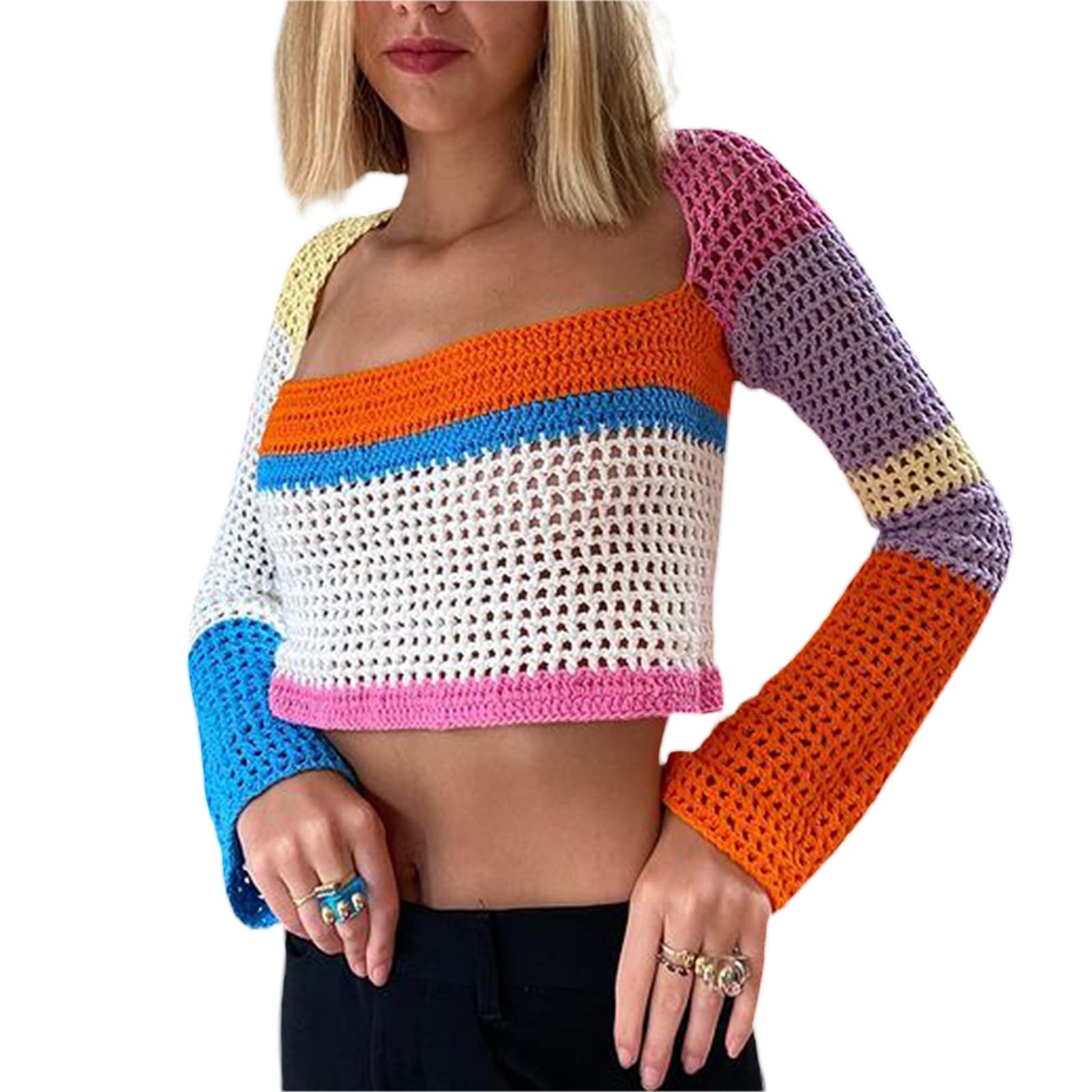 Sunloudy Women's Cropped Knit Sweater - Long Sleeve Crochet Hollow Out Square Neck Pullover Top for Fall/Winter Fashion | Casual Outfit, Date Night, Office Wear