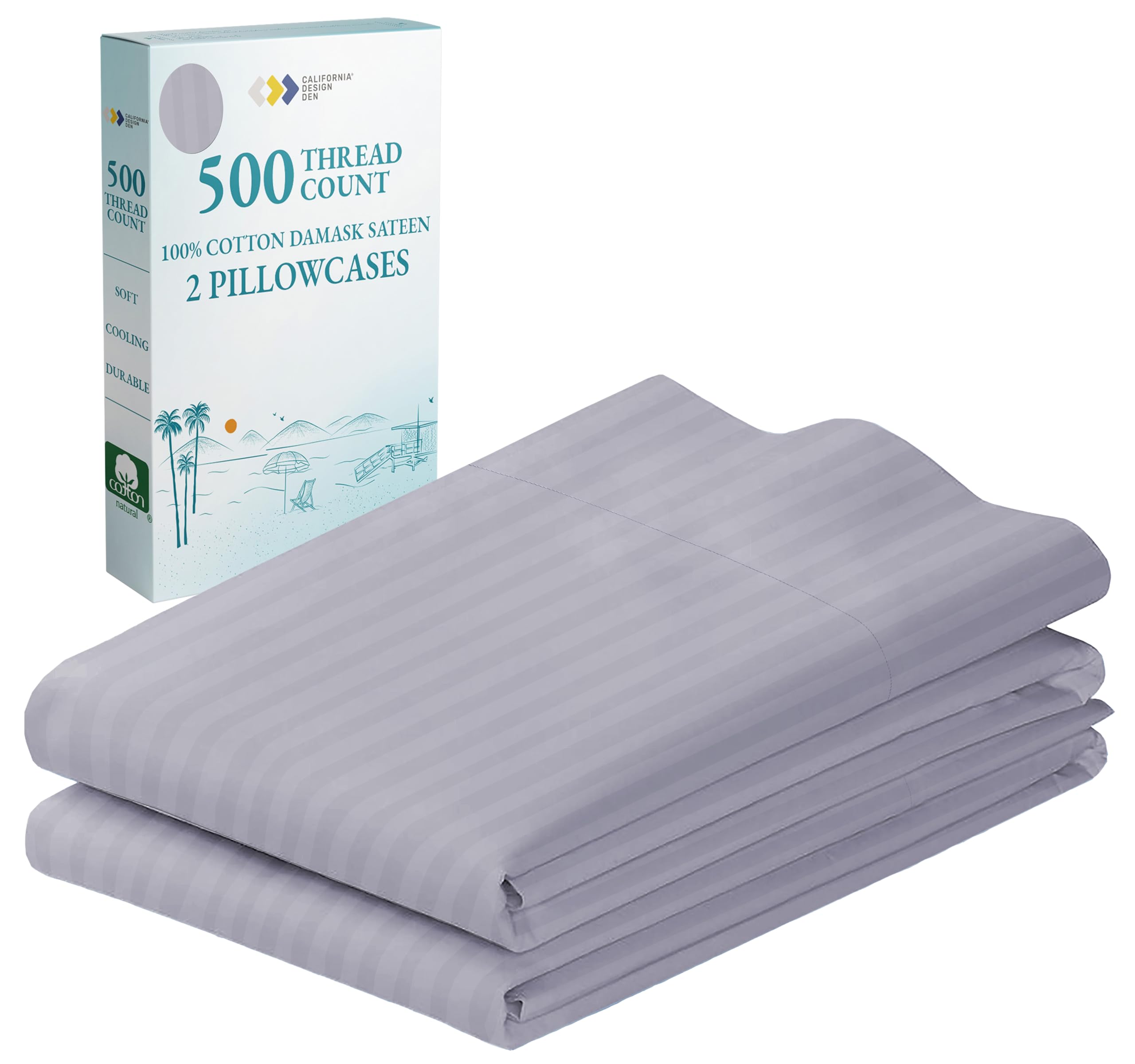 Soft & Silky 500TC 100% Cotton Pillowcases Set of 2 - Standard/Queen Size for Cool Sleep (Damask Stripe Lavender)