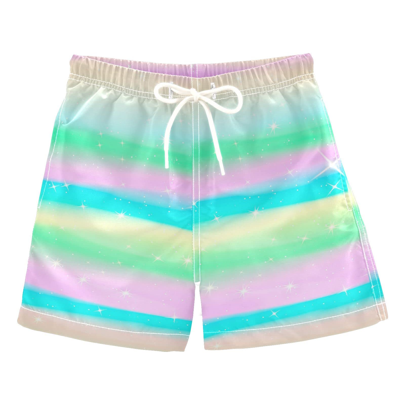 OTVEE Boys' Swim Trunks - Pastel Rainbow Color Quick-Dry Swim Shorts with Drawstring & Mesh Lining for Kids | Beach, Pool & Summer Water Activities
