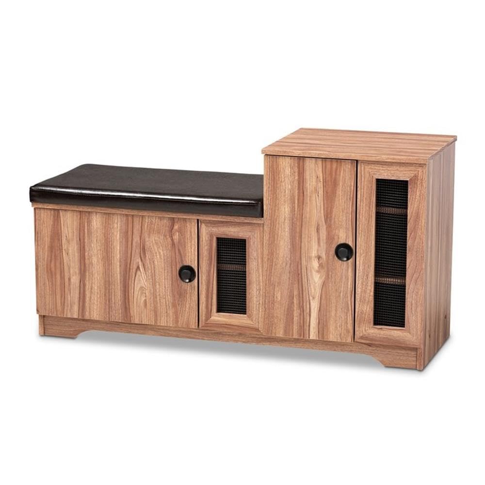 BOWERY HILL Brown Faux Leather 2-Door 5-Shelf Wooden Shoe Storage Bench with Seat - Organize Shoes, Hats & Accessories in Entryway, Bedroom or Closet