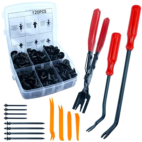 135 Pcs Auto Clip Pliers Fastener Removal Tool Kit - 7Pcs Car Door Trim Removal Pliers & 120pcs Bumper Clips with 8 Cable Ties - Professional Auto Upholstery Repair Kit for Car Door Panel, Dashboard, Bumper & Interior Trim Maintenance