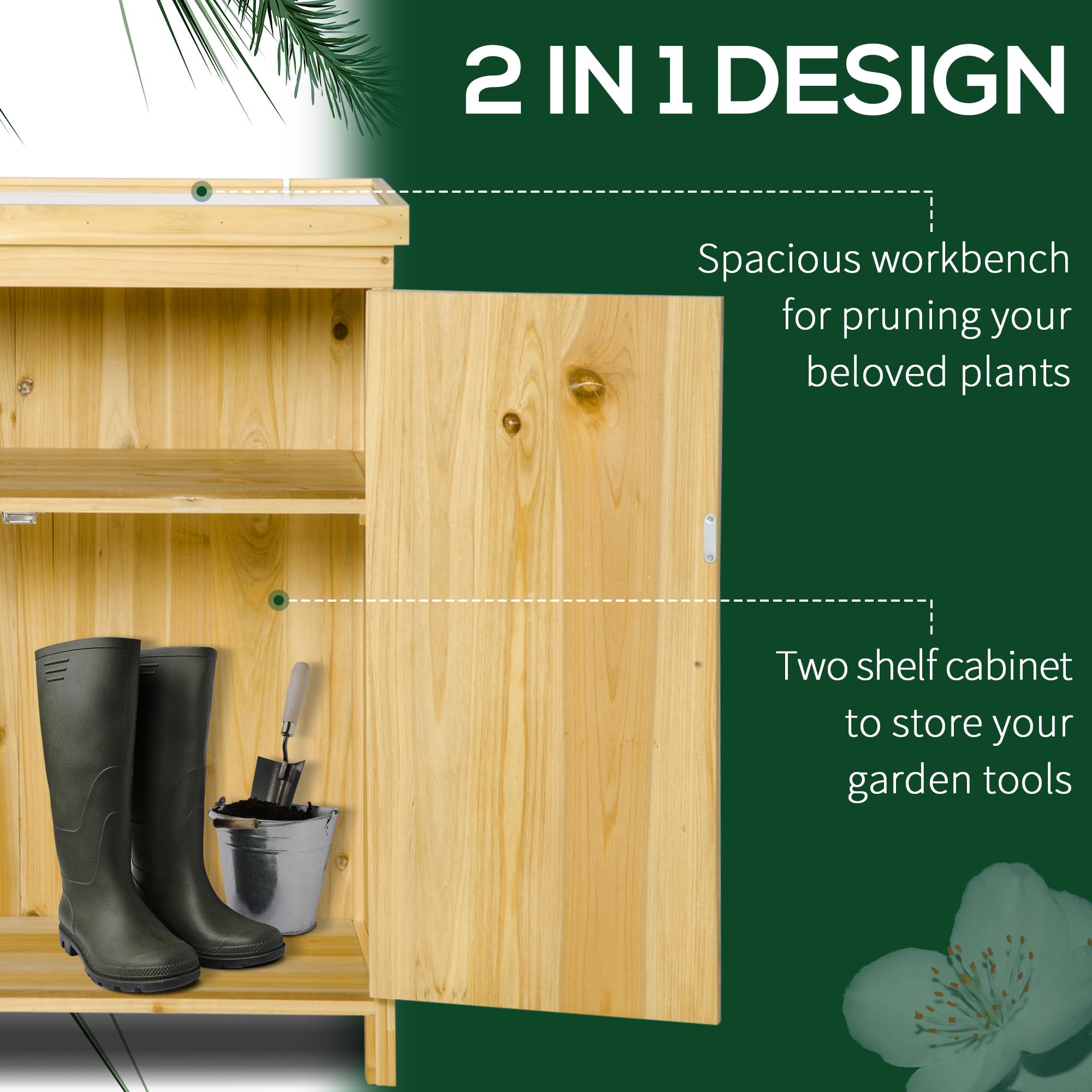 Outsunny Outdoor Garden Storage Cabinet with Galvanized Top & 2 Shelves - Weatherproof Tool Shed for Yard Tools, Pool Accessories, Patio Organization (Natural Wood) - Perfect for Backyard, Garage & Garden Storage Solutions