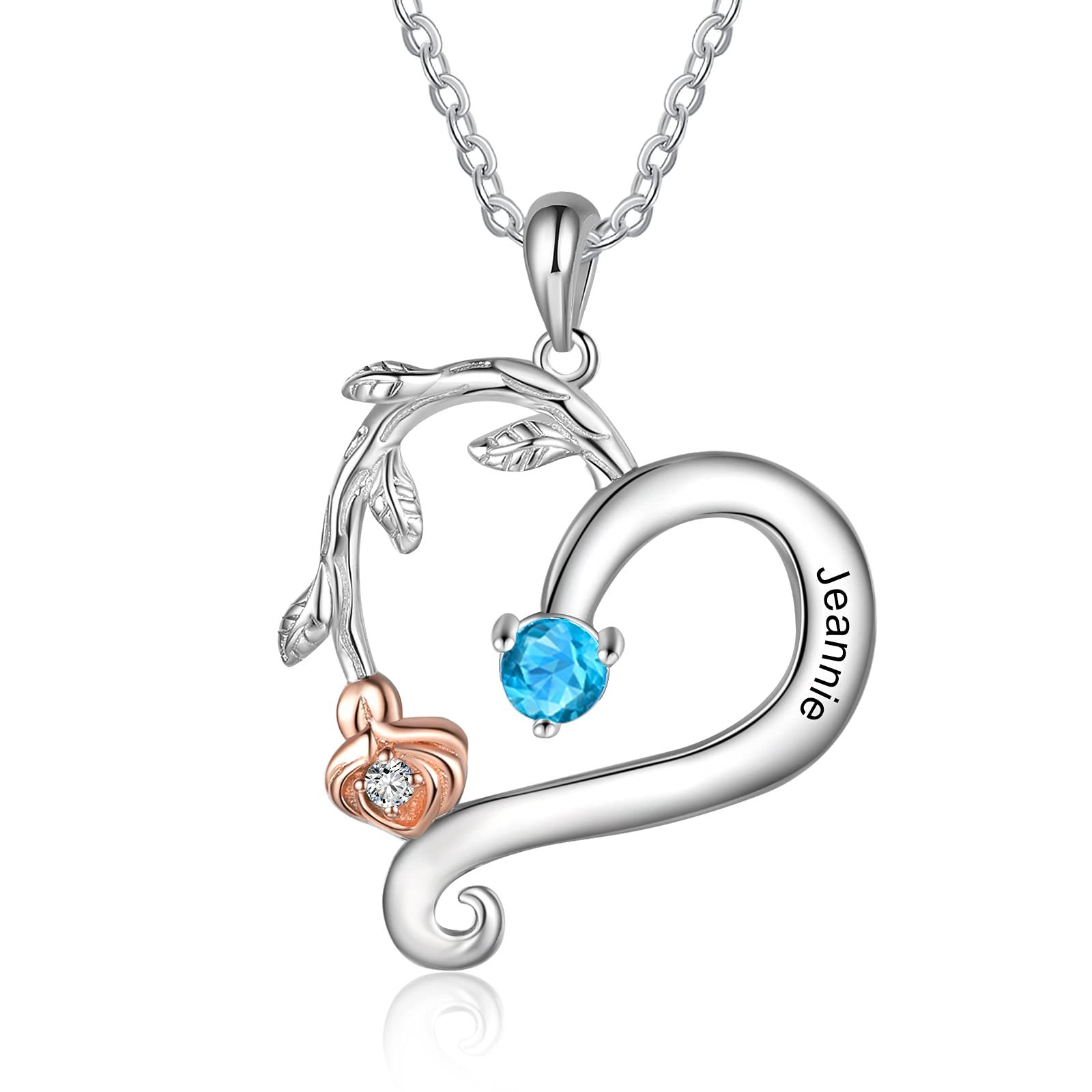 LoLaTide S925 Sterling Silver Personalized Birthstone Necklace for Women - Custom Heart Rose Pendant Mother's Jewelry with Simulated Birthstones | Perfect Gift for Mother's Day, Valentine's Day & Anniversary | Elegant Everyday Wear & Special Occasion Jewelry