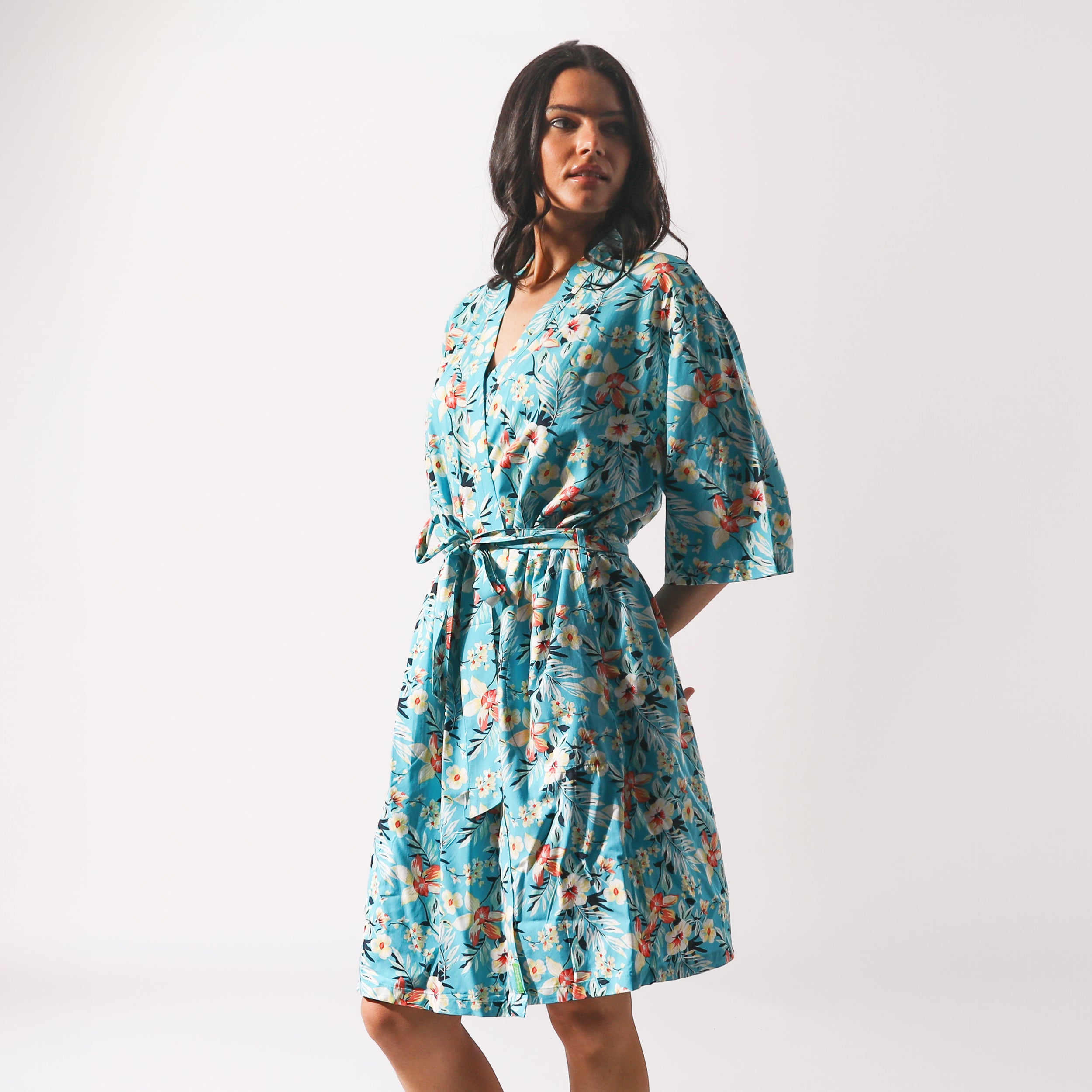 Women's Twilight Floral Woven Robe - Soft Blue Cotton Kimono Style Bathrobe for Spa, Lounge & Home Relaxation