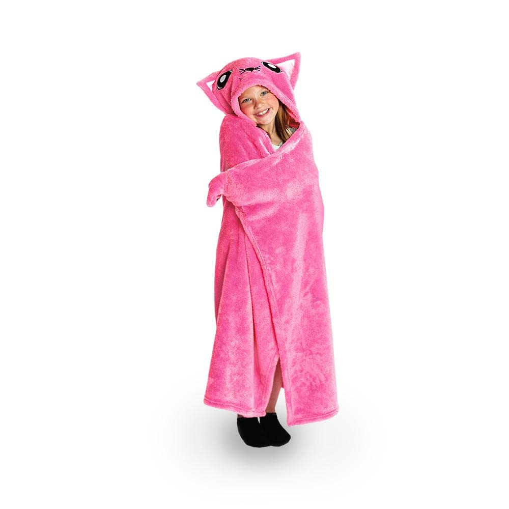 Bright Eyes Hooded Blanket for Kids - Super Soft Pink Kitty Stuffed Animal Blanket & Robe - Warm Fuzzy Throw for Sleepovers, Lounging & Cuddling - Machine Washable Comfy Blanket Gift for Girls & Boys