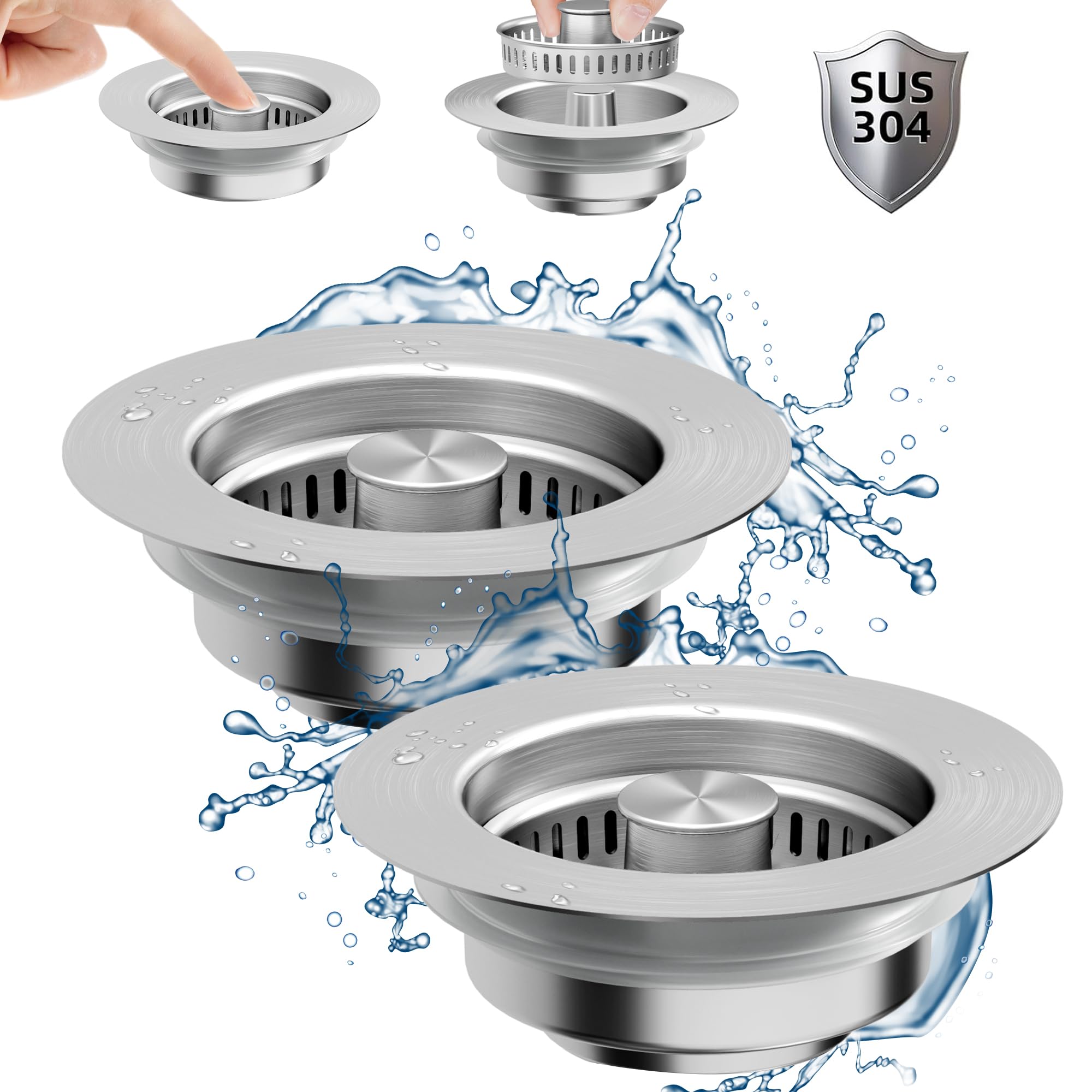 Premium 2-Pack Stainless Steel Kitchen Sink Drain Strainer - 3-in-1 Sink Stopper & Filter Basket for US Standard 3.5