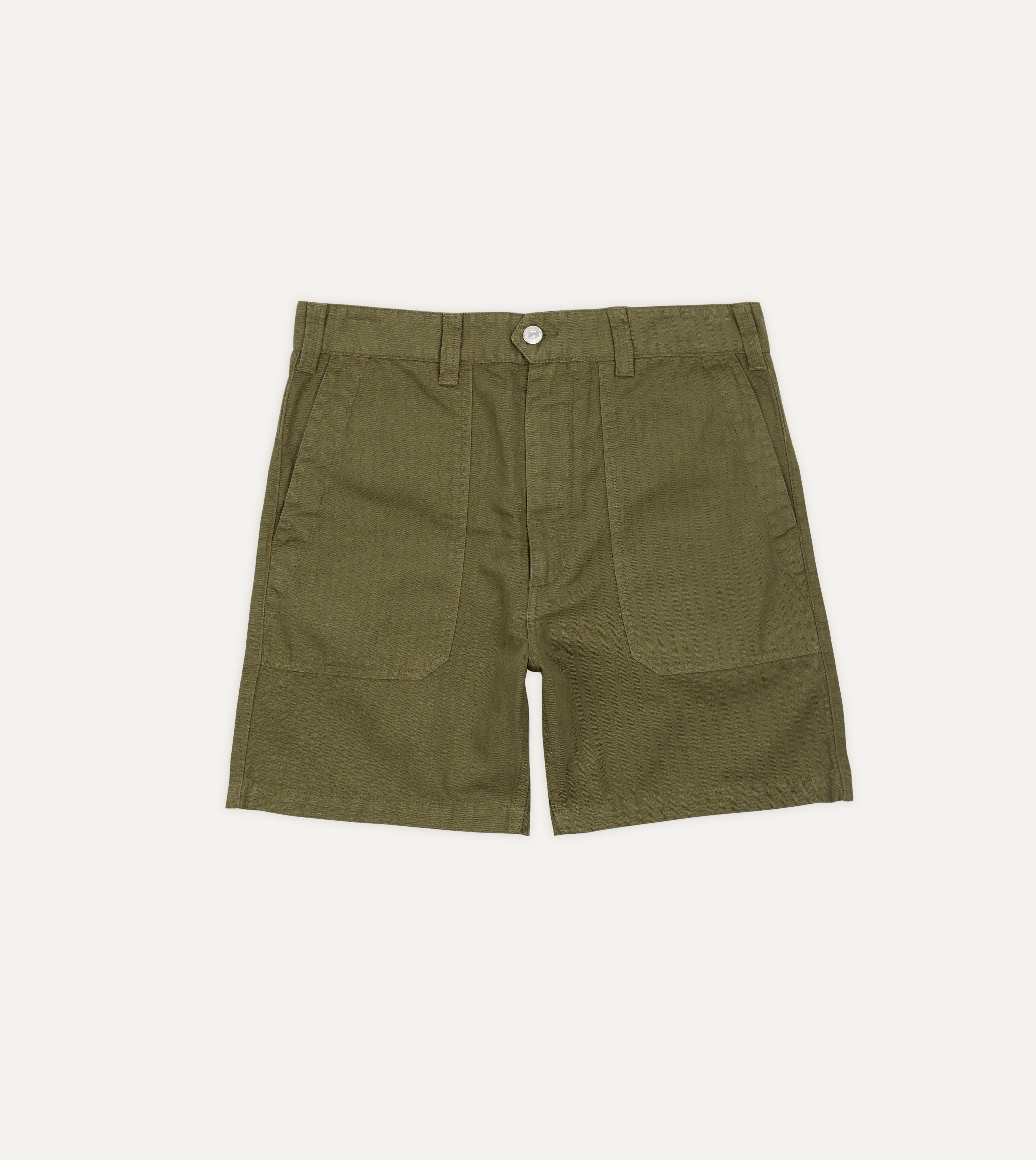 Olive Cotton Linen Herringbone Fatigue Shorts - Comfortable Casual Summer Shorts for Men | Perfect for Outdoor Activities, Travel & Everyday Wear