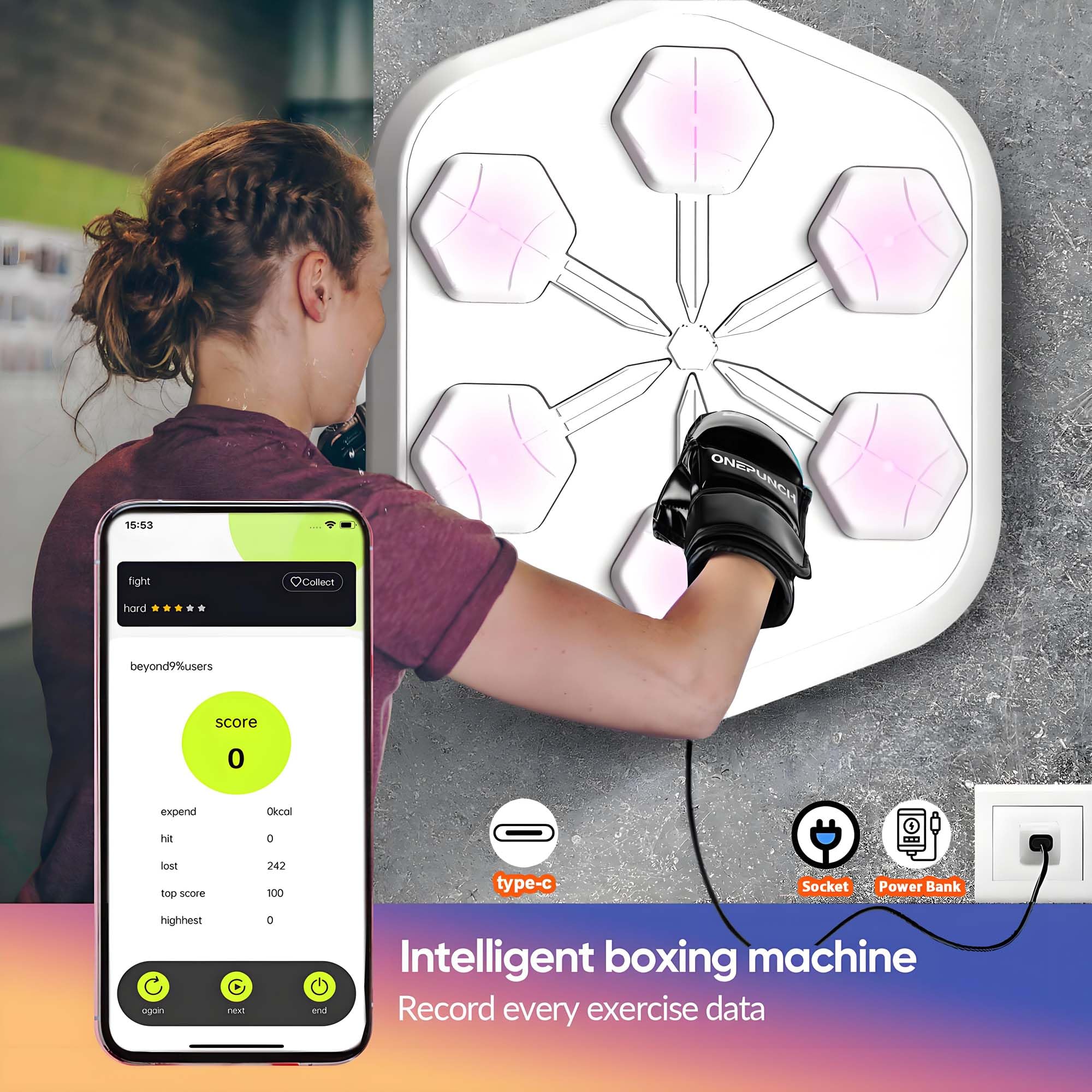 ONEPUNCH Boxing PRO 3.0 - Full LED Boxing Machine with Electronic Music for Home Gym & Fitness Training | Interactive Punching Game Equipment for Cardio Workout (White) | Perfect for Boxing Training, Stress Relief & Party Entertainment