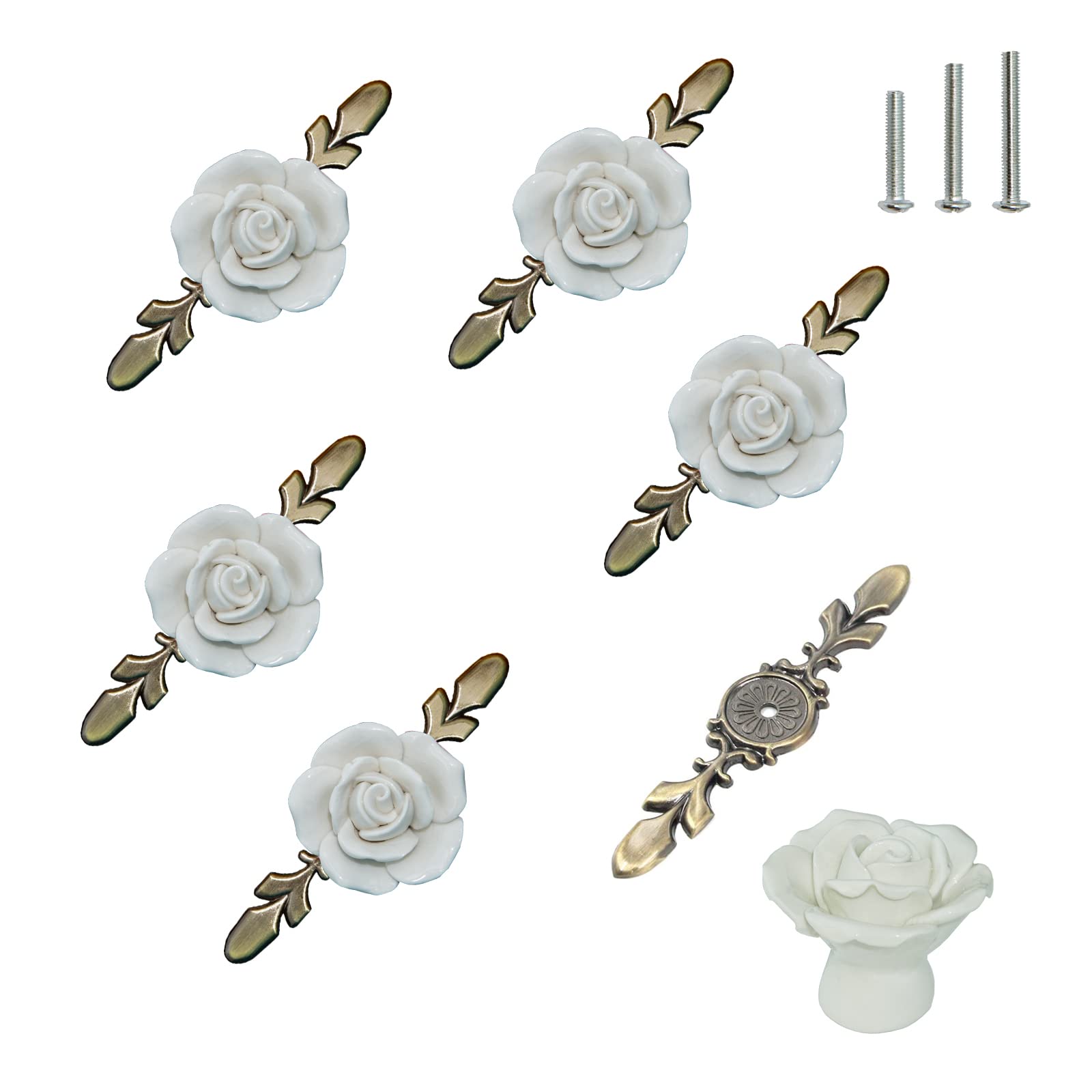 YMAISS 6-Pack Vintage Rose Ceramic Cabinet Knobs with Bronze Backplate - Love Theme Retro Style Drawer Pulls for Kitchen, Dresser & Cupboard - White (Perfect for Farmhouse, Shabby Chic & Vintage Home Decor)